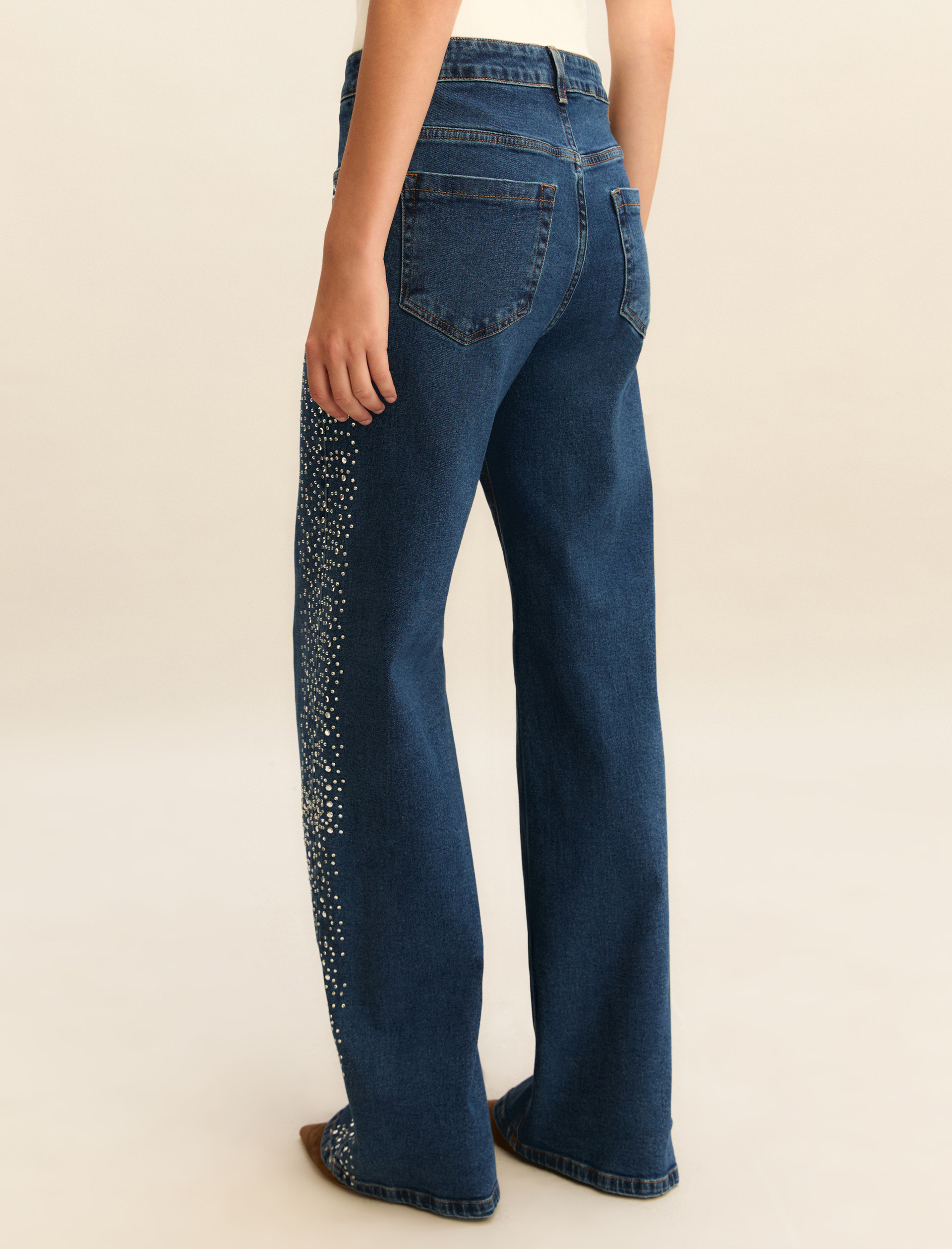 Crystal and stud-adorned wide-leg jeans - NAVY - Emme - 3