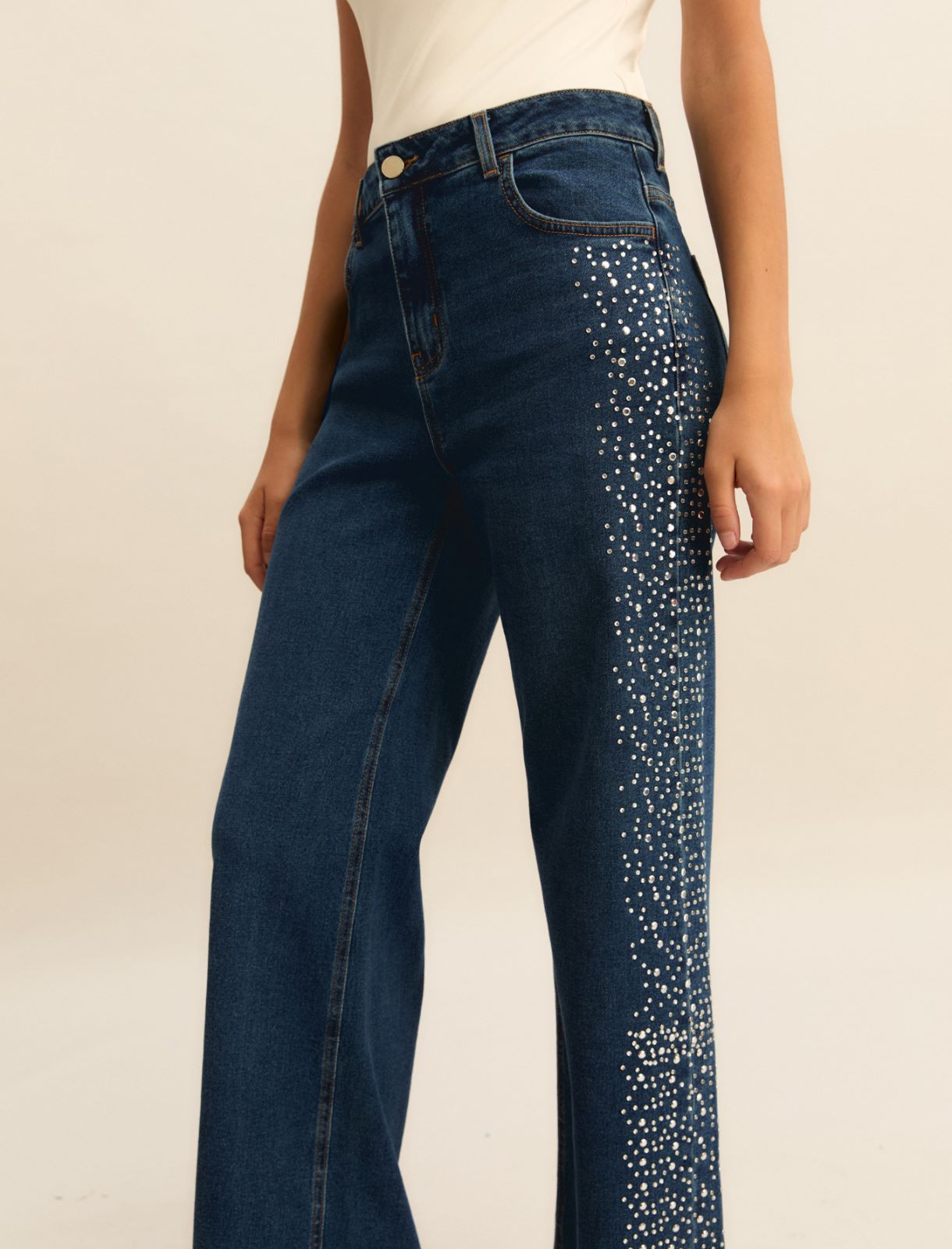 Crystal and stud-adorned wide-leg jeans - NAVY - Emme - 6