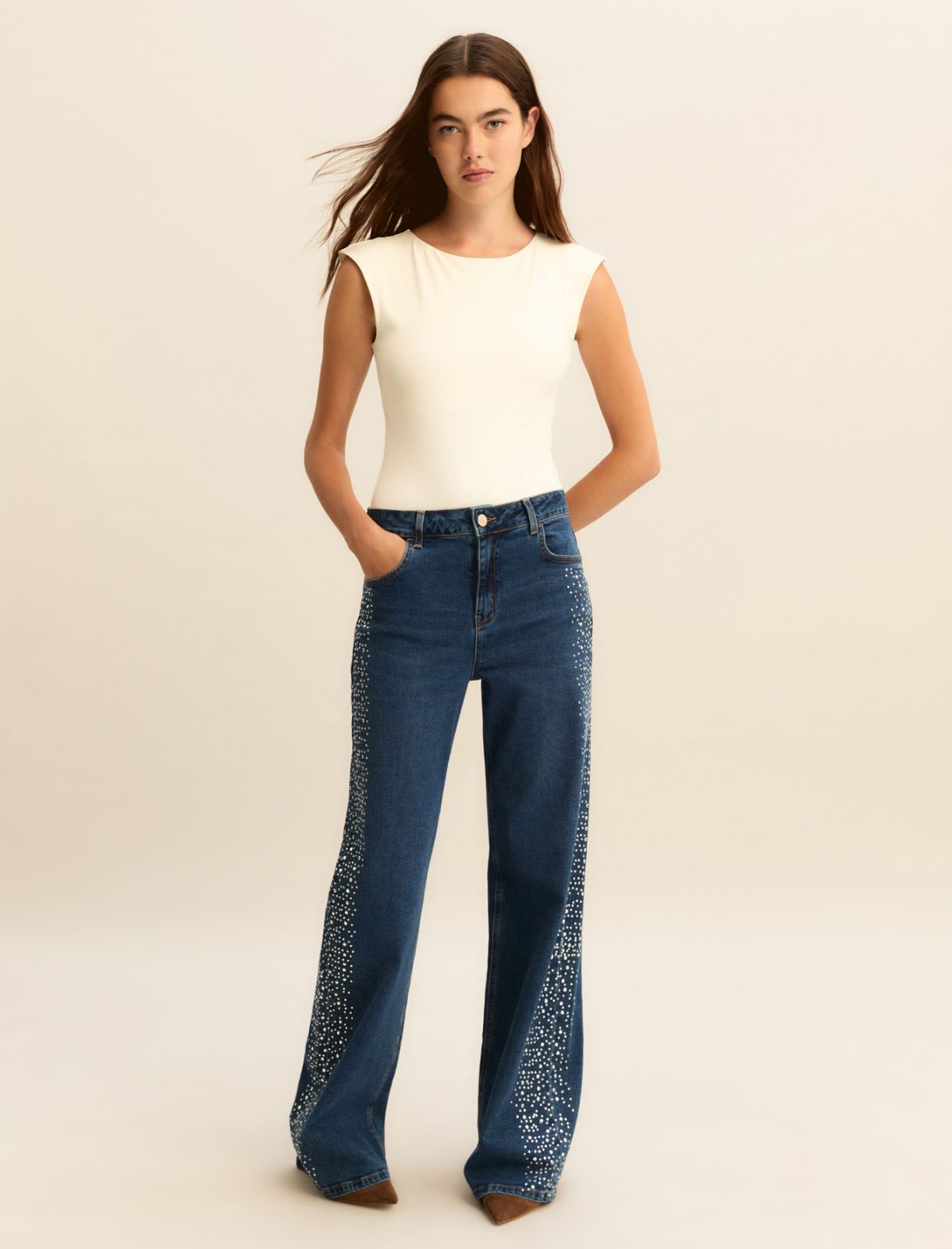 Crystal and stud-adorned wide-leg jeans - NAVY - Emme - 2
