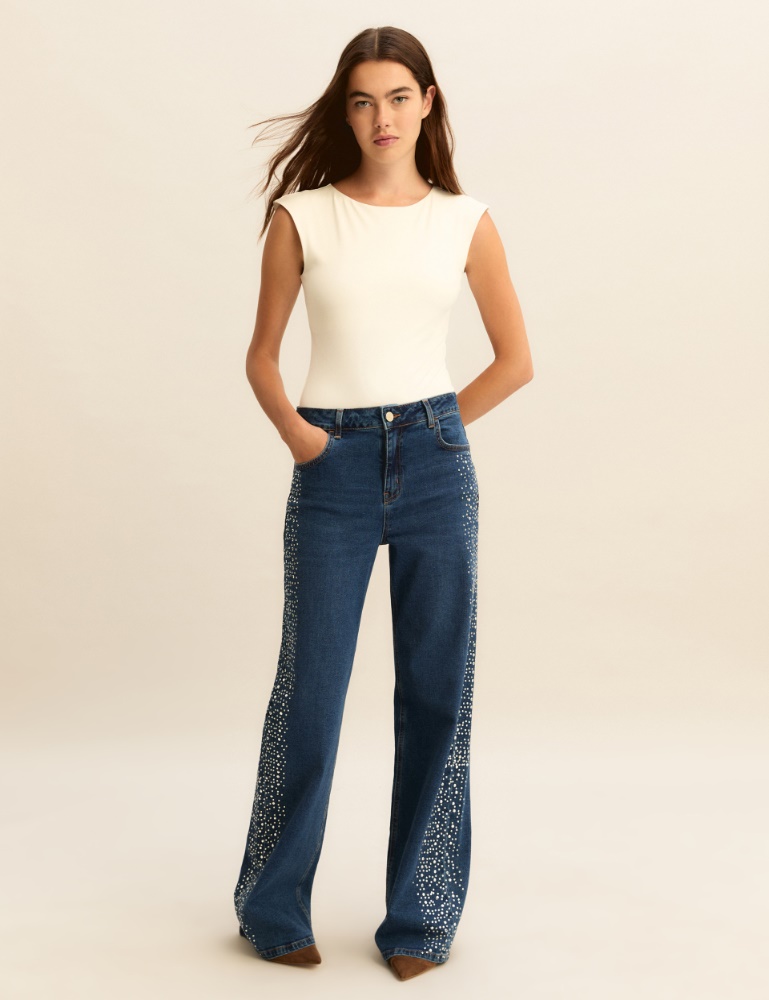Crystal and stud-adorned wide-leg jeans - Emme - 3