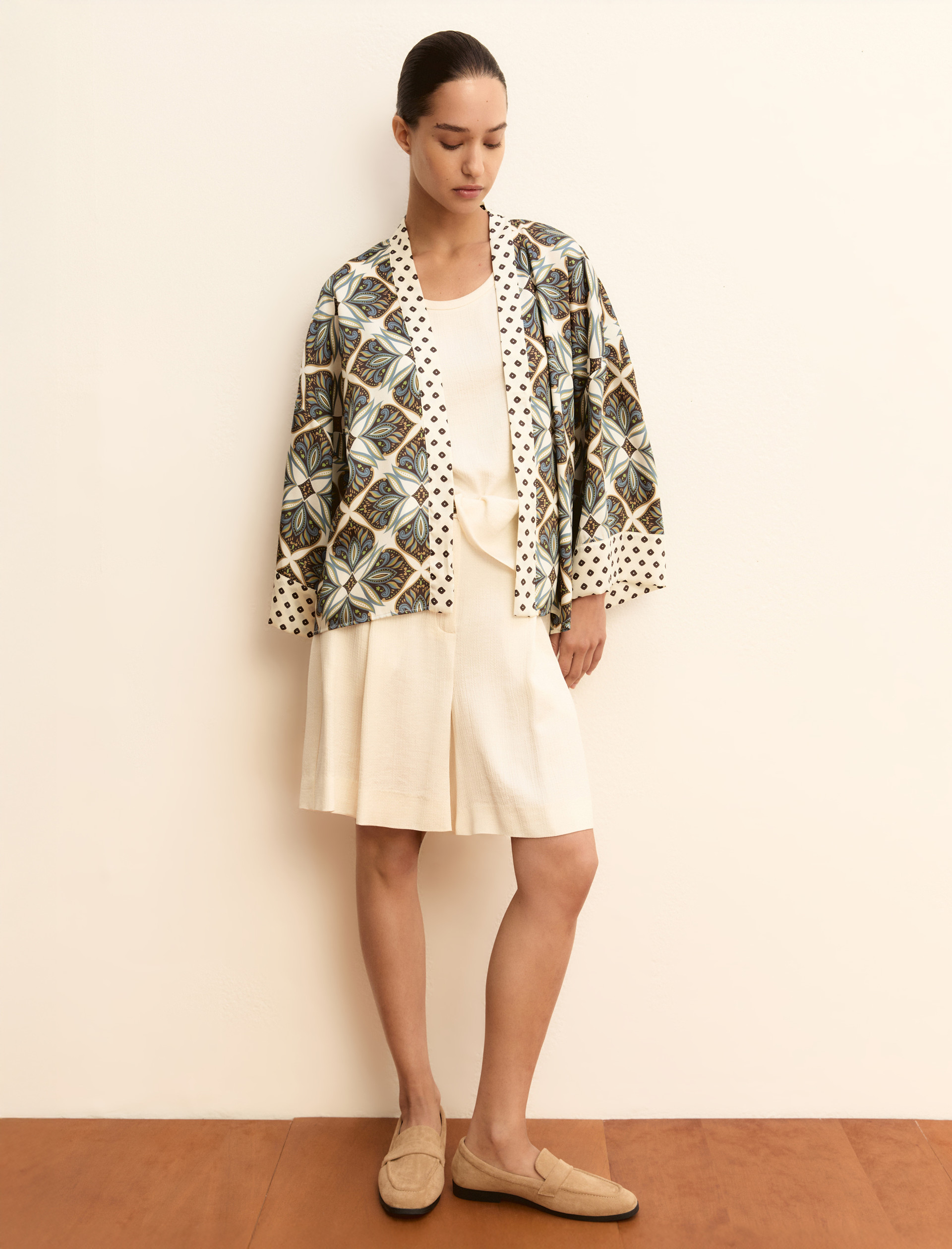 Short printed twill kimono - WOOL WHITE - Emme - 1