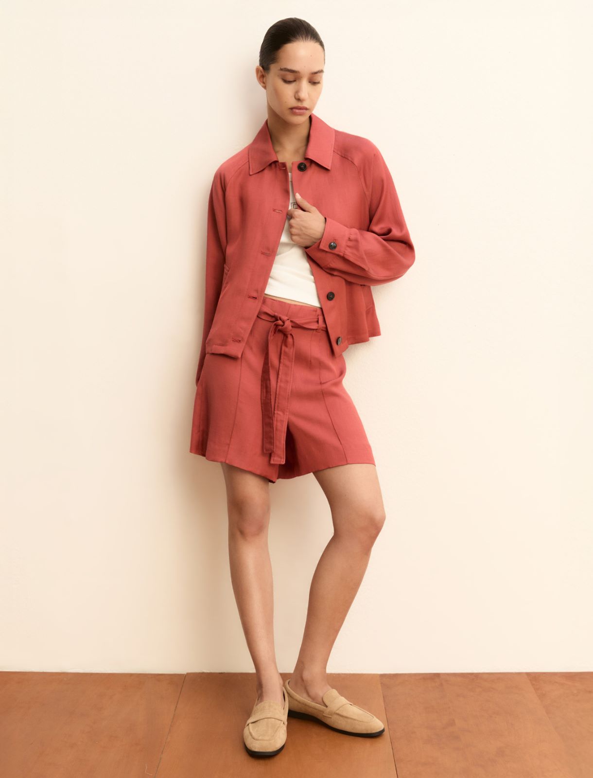 Short linen-blend twill jacket - CHERRY - Emme