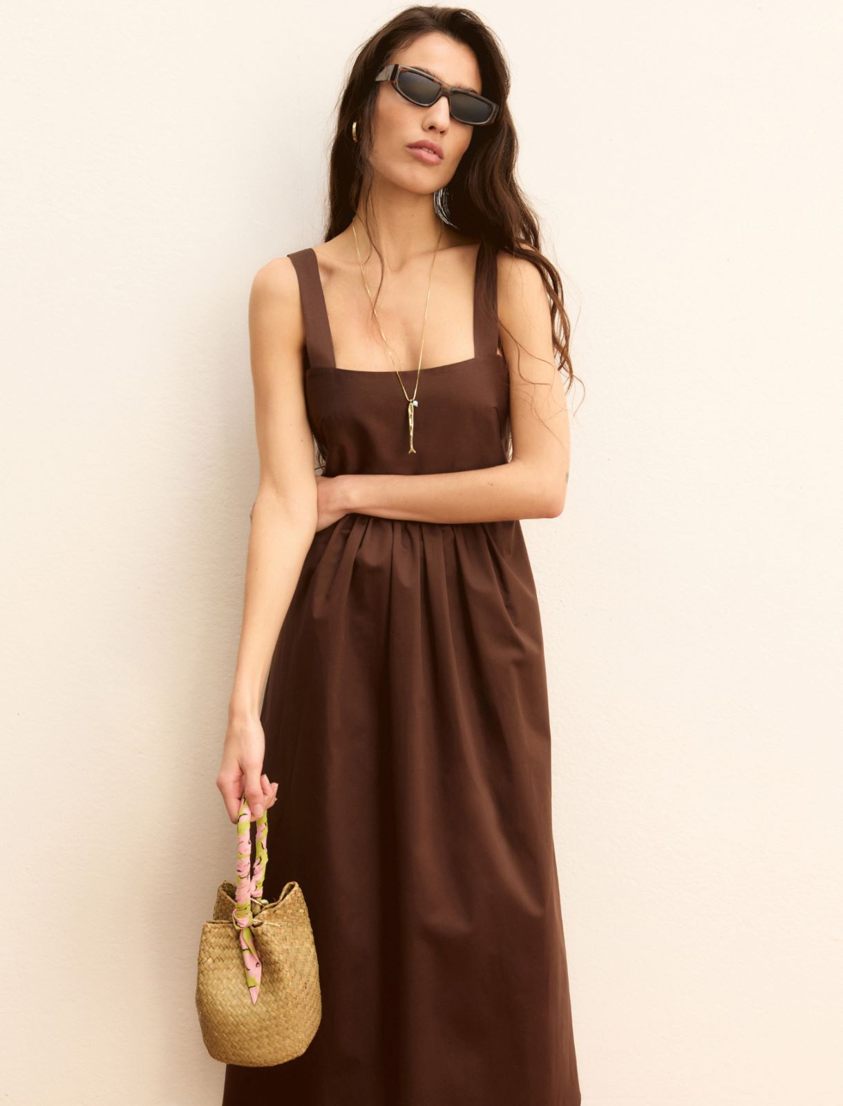 Stretch satin midi dress - COFFEE - Emme