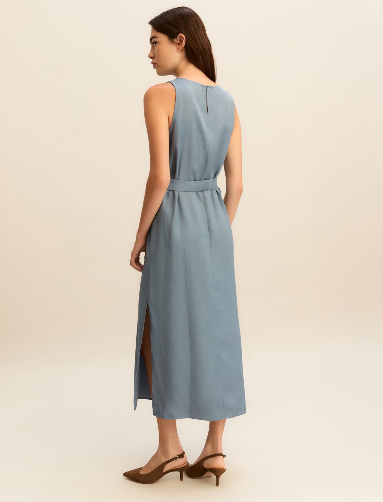 Sleeveless linen-blend twill dress - DARK BLUE - Emme - 3