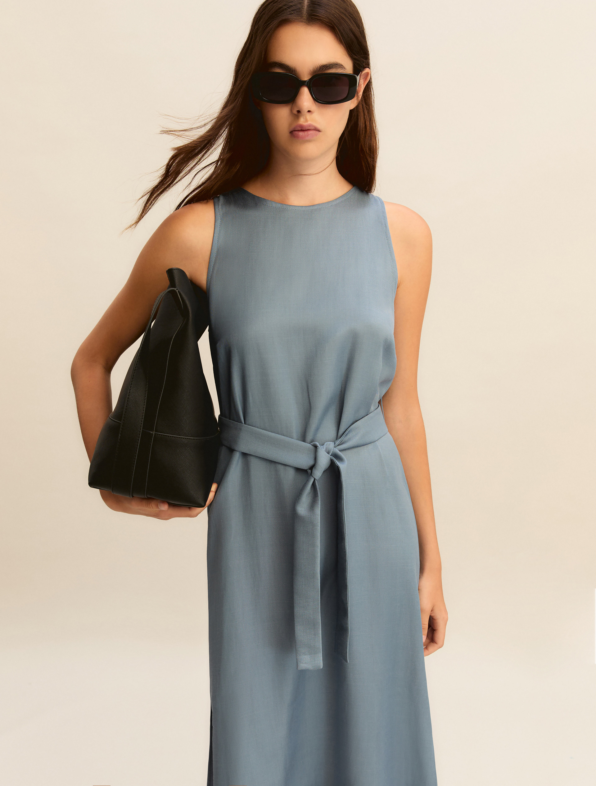 Sleeveless linen-blend twill dress - DARK BLUE - Emme - 1