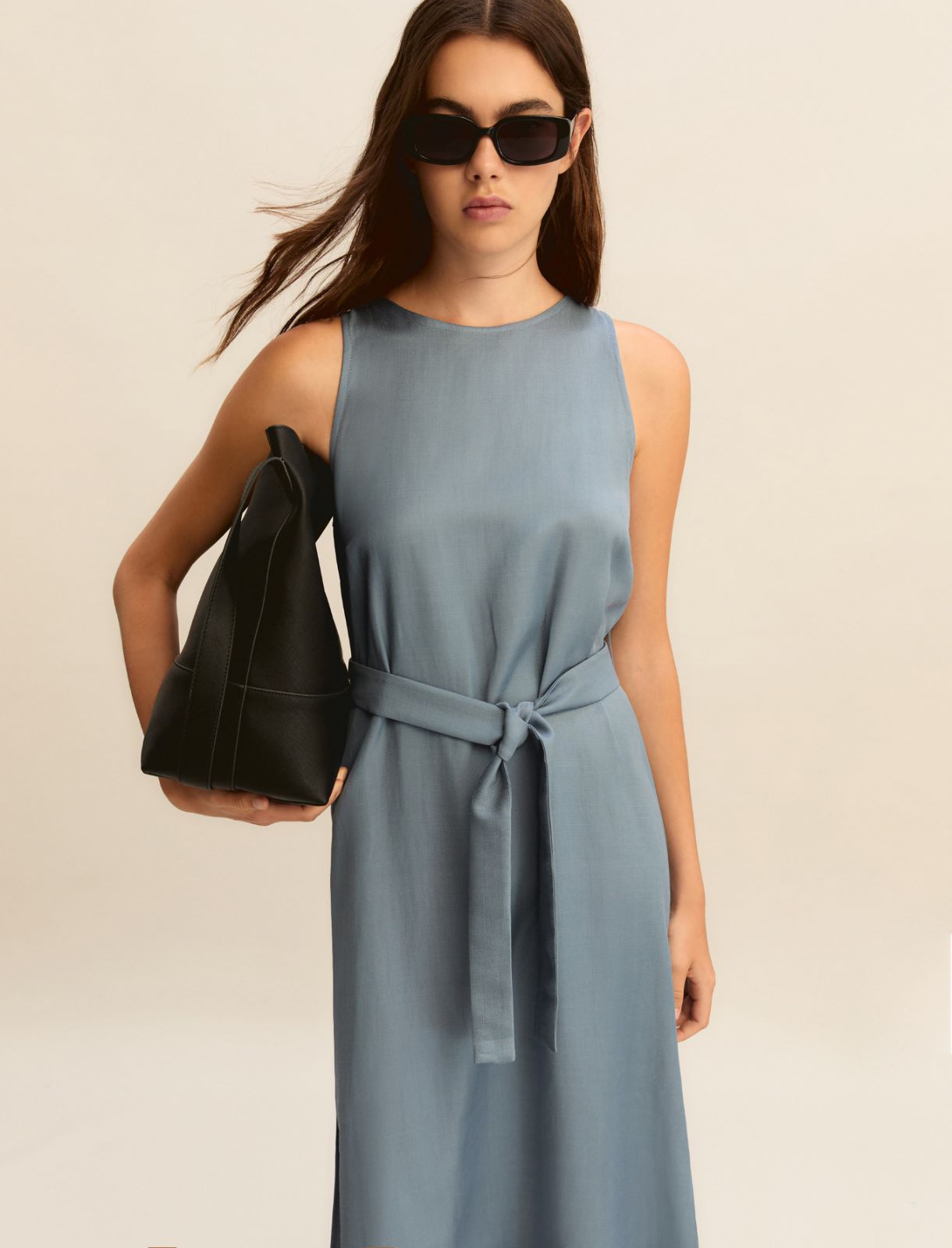 Sleeveless linen-blend twill dress - DARK BLUE - Emme