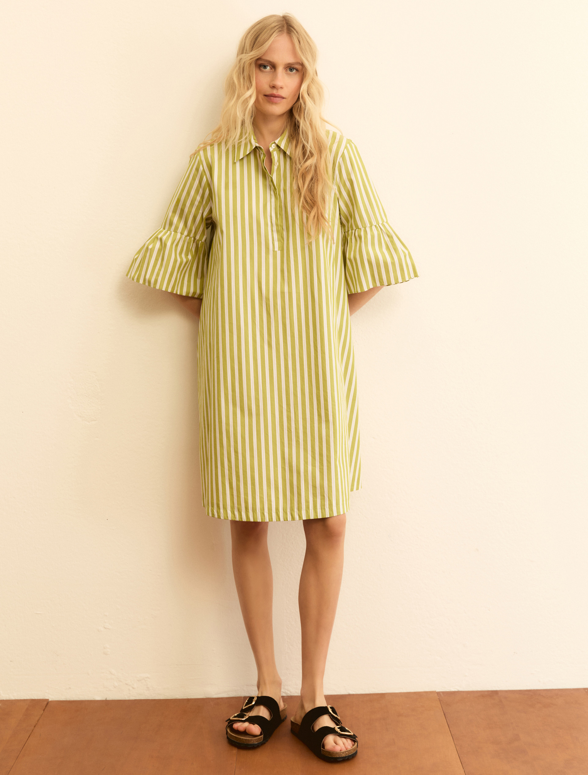 Flounce-sleeve poplin dress - LIME GREEN - Emme - 1