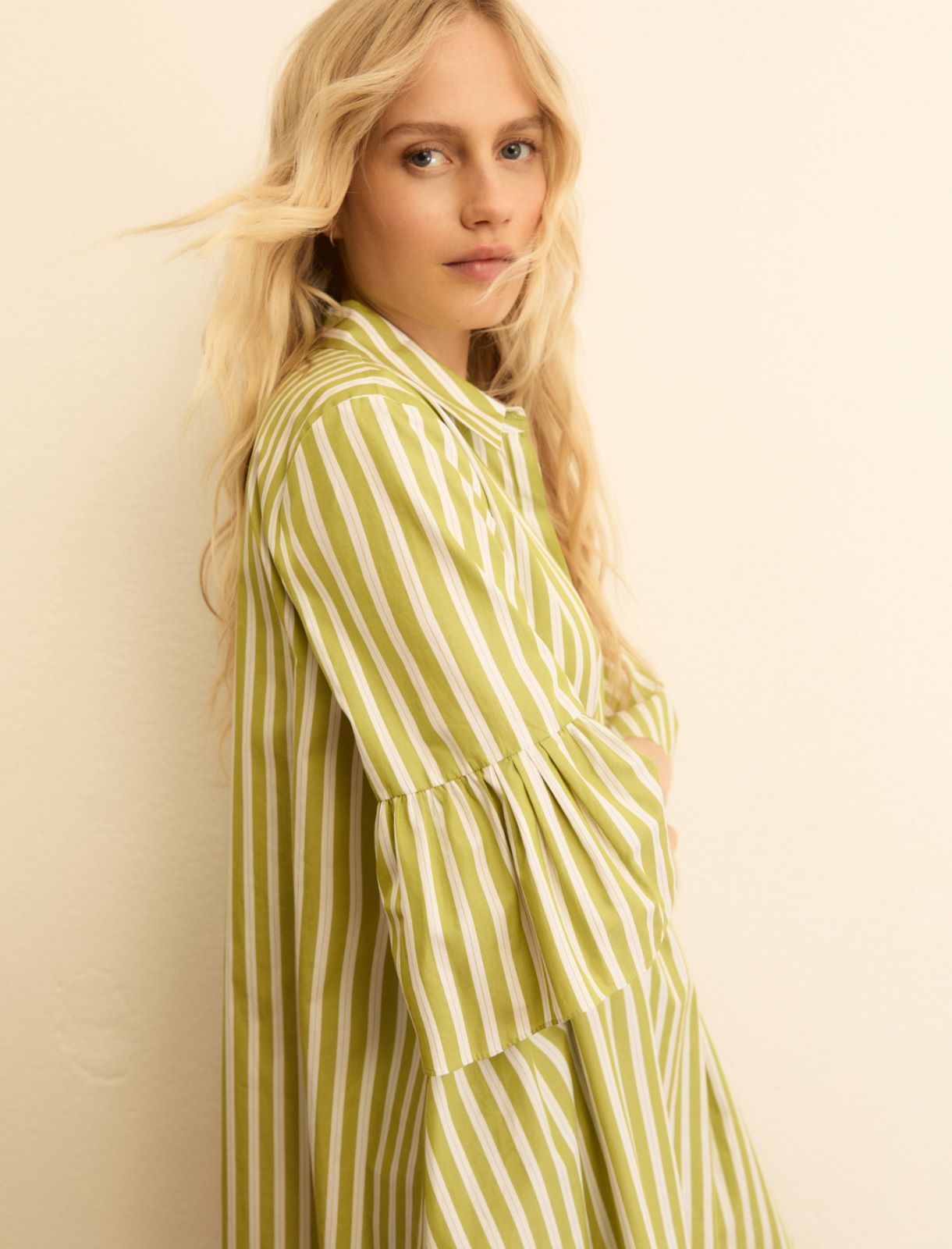 Flounce-sleeve poplin dress - LIME GREEN - Emme - 6