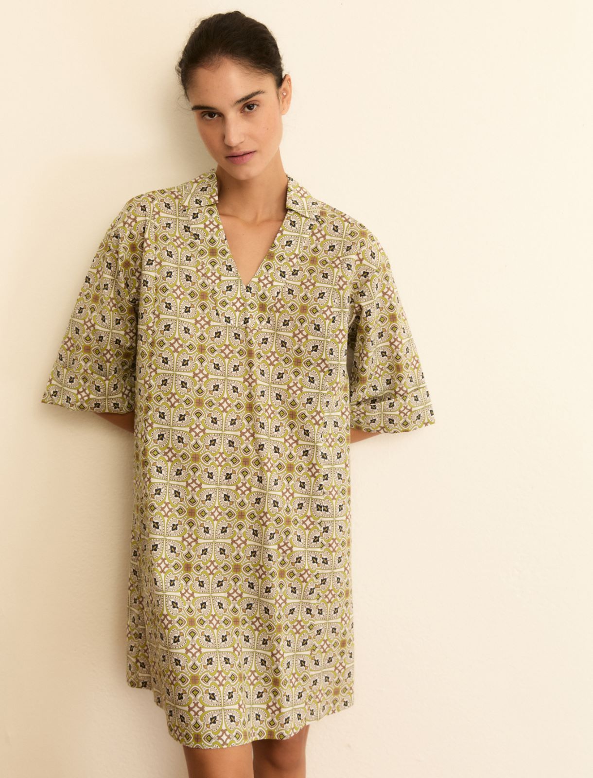 Printed muslin tunic dress - CAMEL - Emme