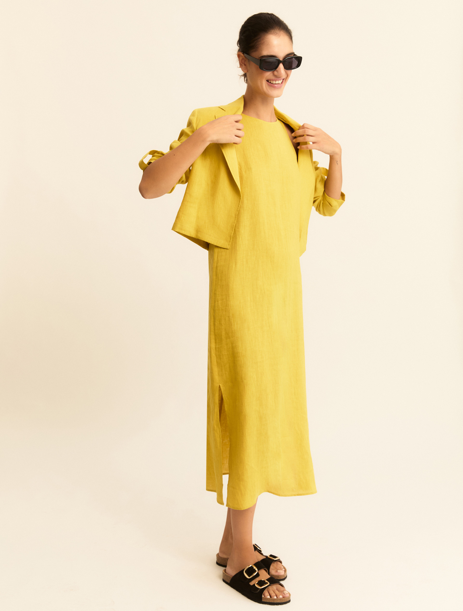 Straight-fit linen canvas dress - MUSTARD - Emme - 4