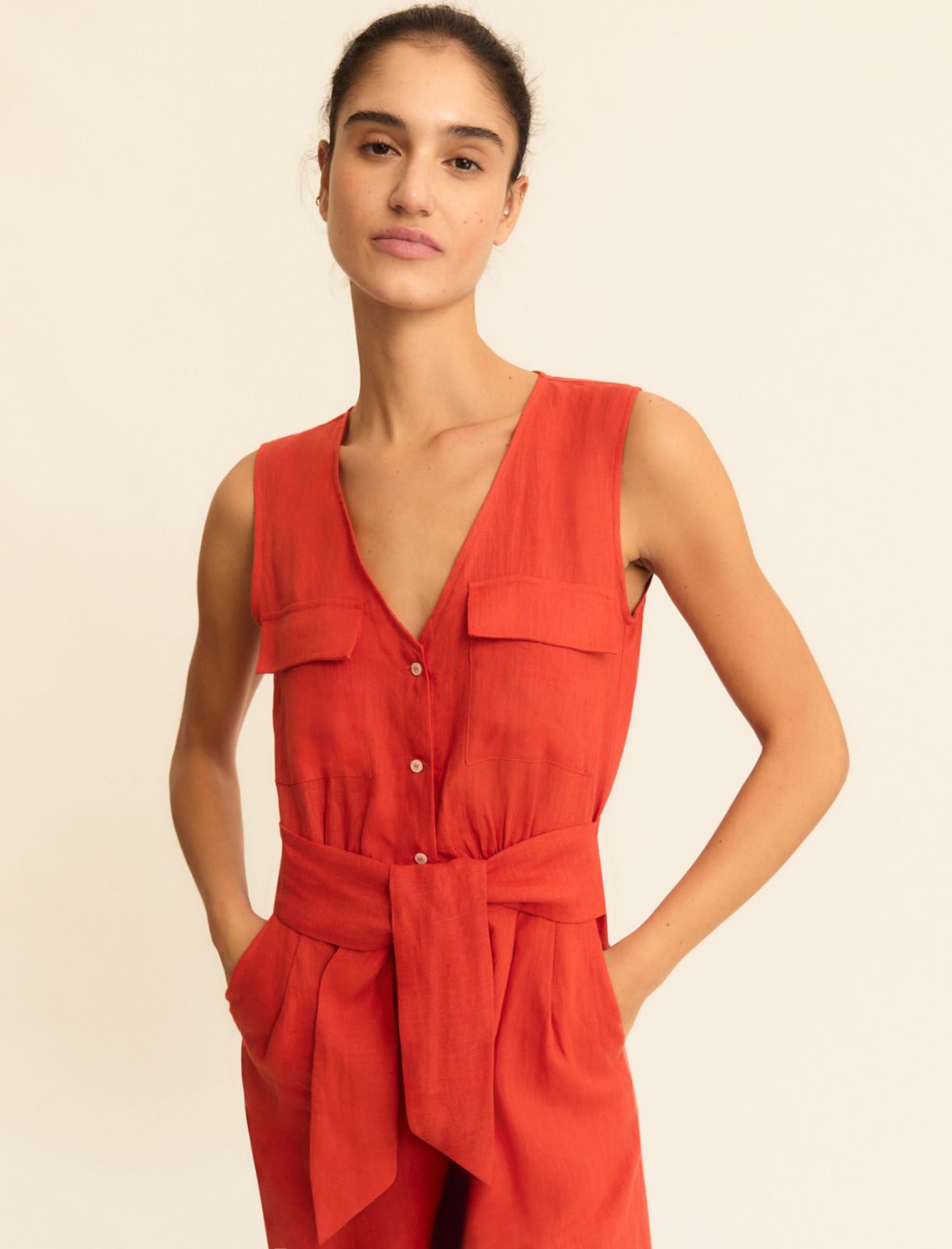 Pure linen jumpsuit - GERANIUM RED - Emme - 5
