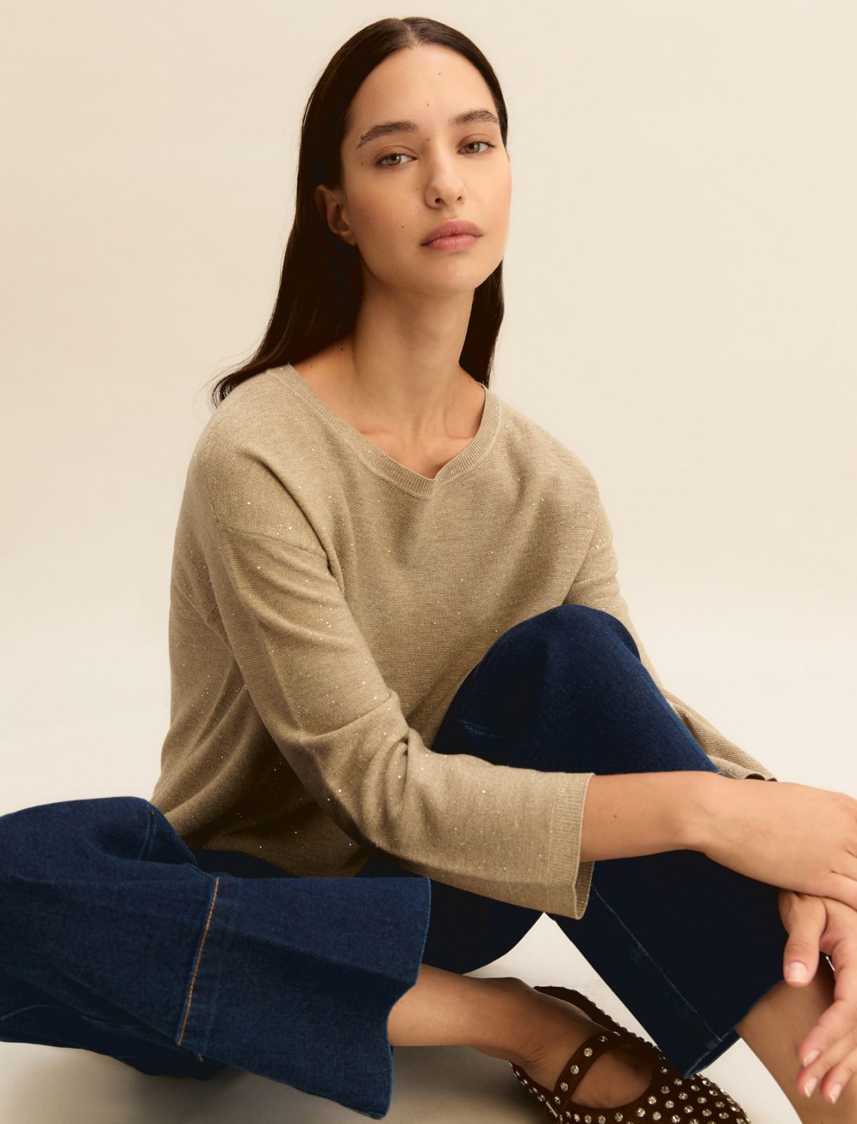 Lurex and micro sequin-adorned sweater - BEIGE - Emme