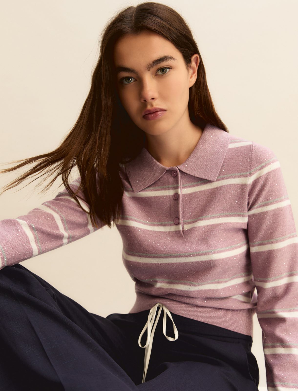 Lurex and sequin-adorned polo shirt - LAVENDER - Emme