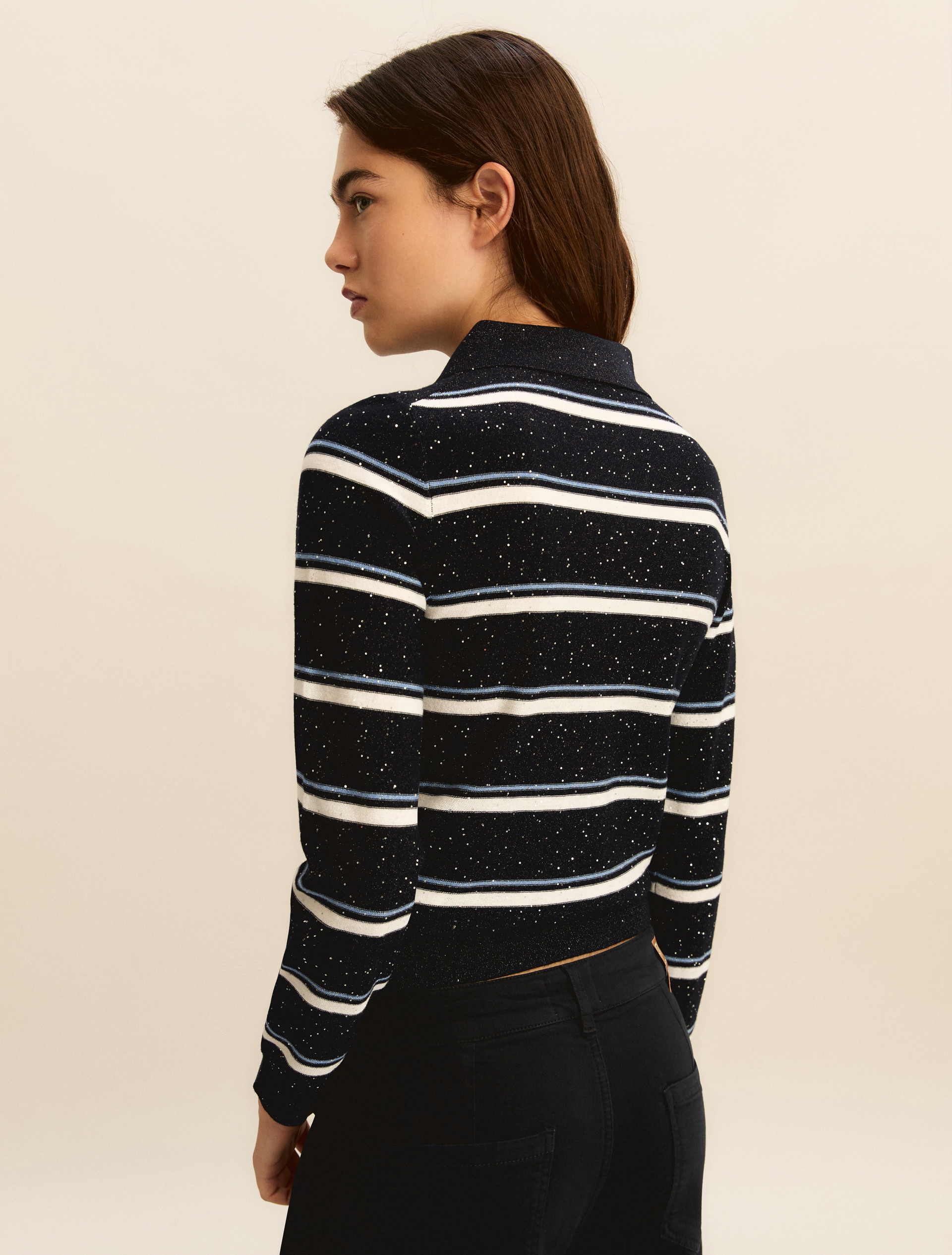 Lurex and sequin-adorned polo shirt - NAVY - Emme - 3