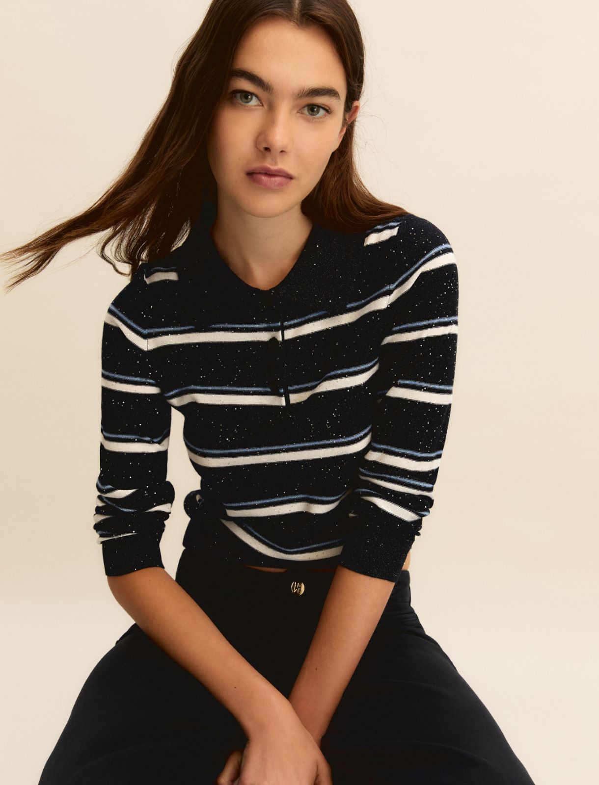 Lurex and sequin-adorned polo shirt - NAVY - Emme
