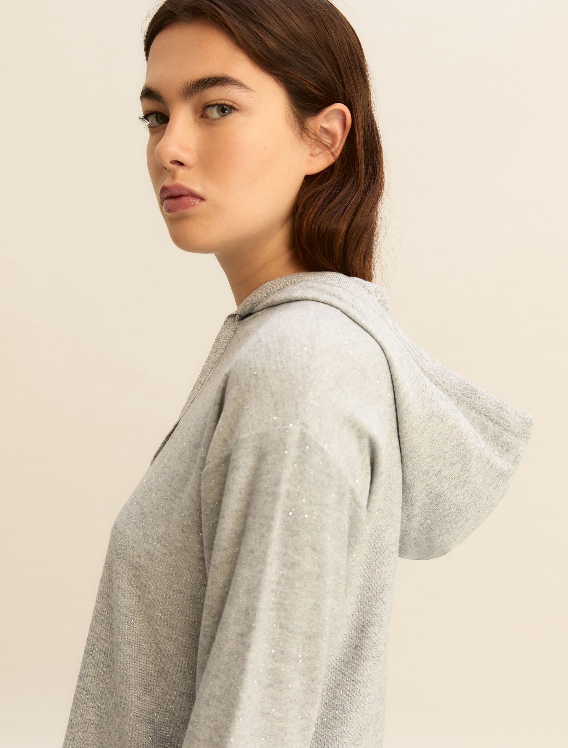 Lurex and micro sequin-adorned light wool hoodie - MELANGE LIGHT GREY - Emme - 5