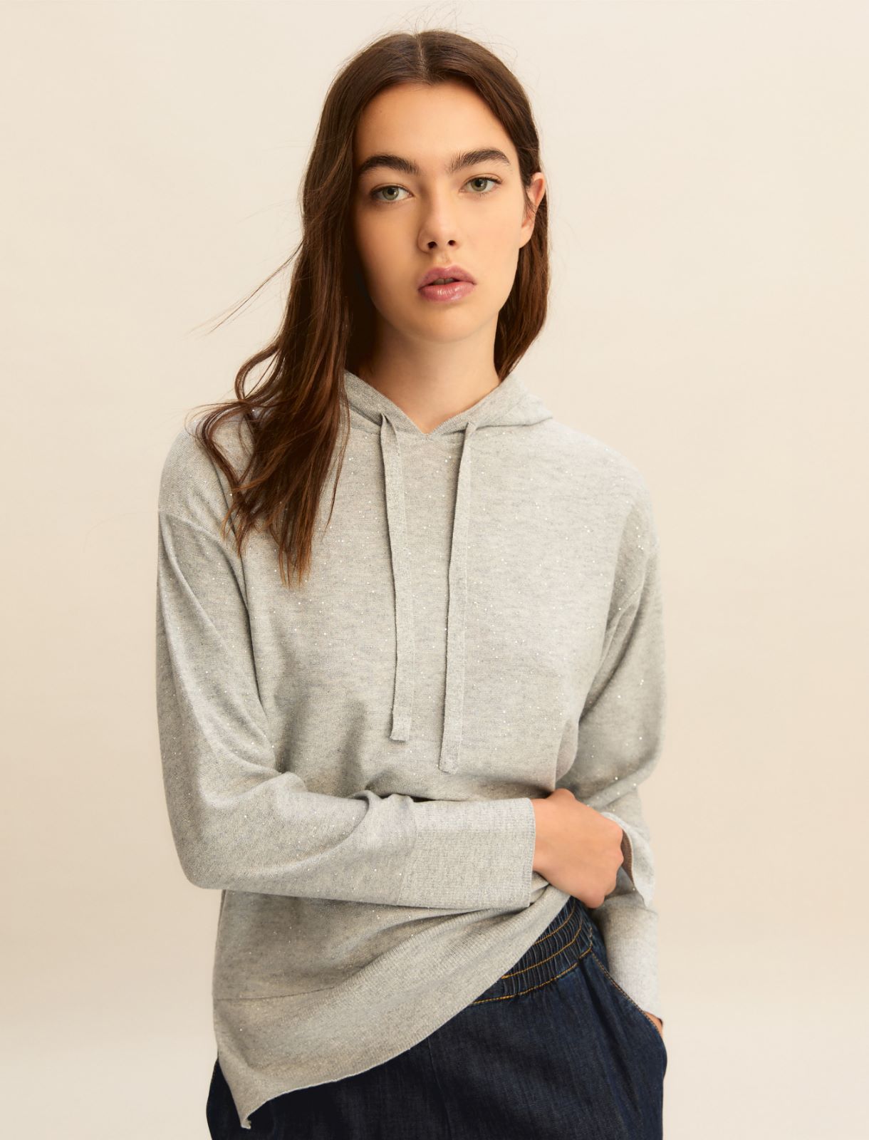 Lurex and micro sequin-adorned light wool hoodie - MELANGE LIGHT GREY - Emme - 6