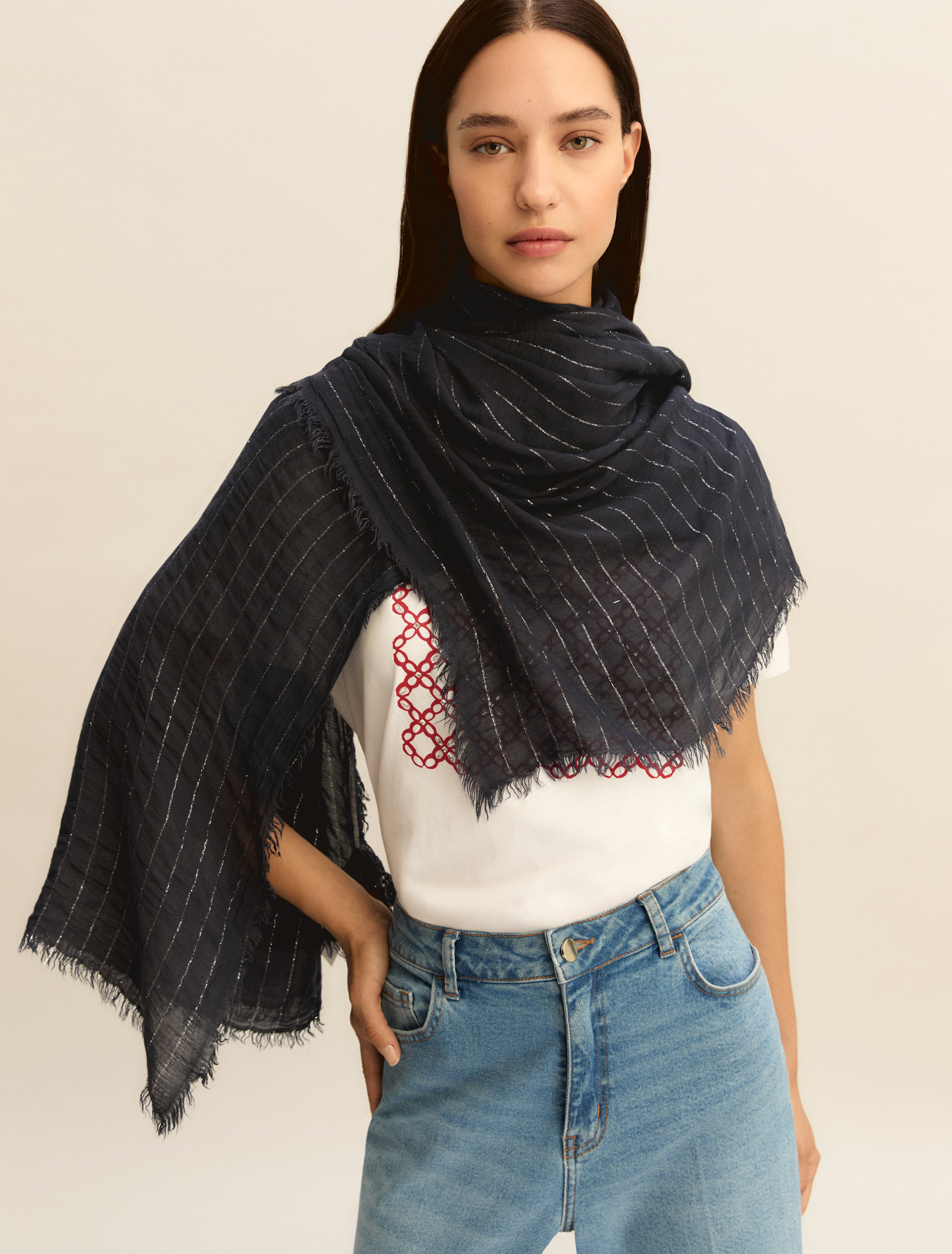Lurex yarn stole - NAVY - Emme - 1
