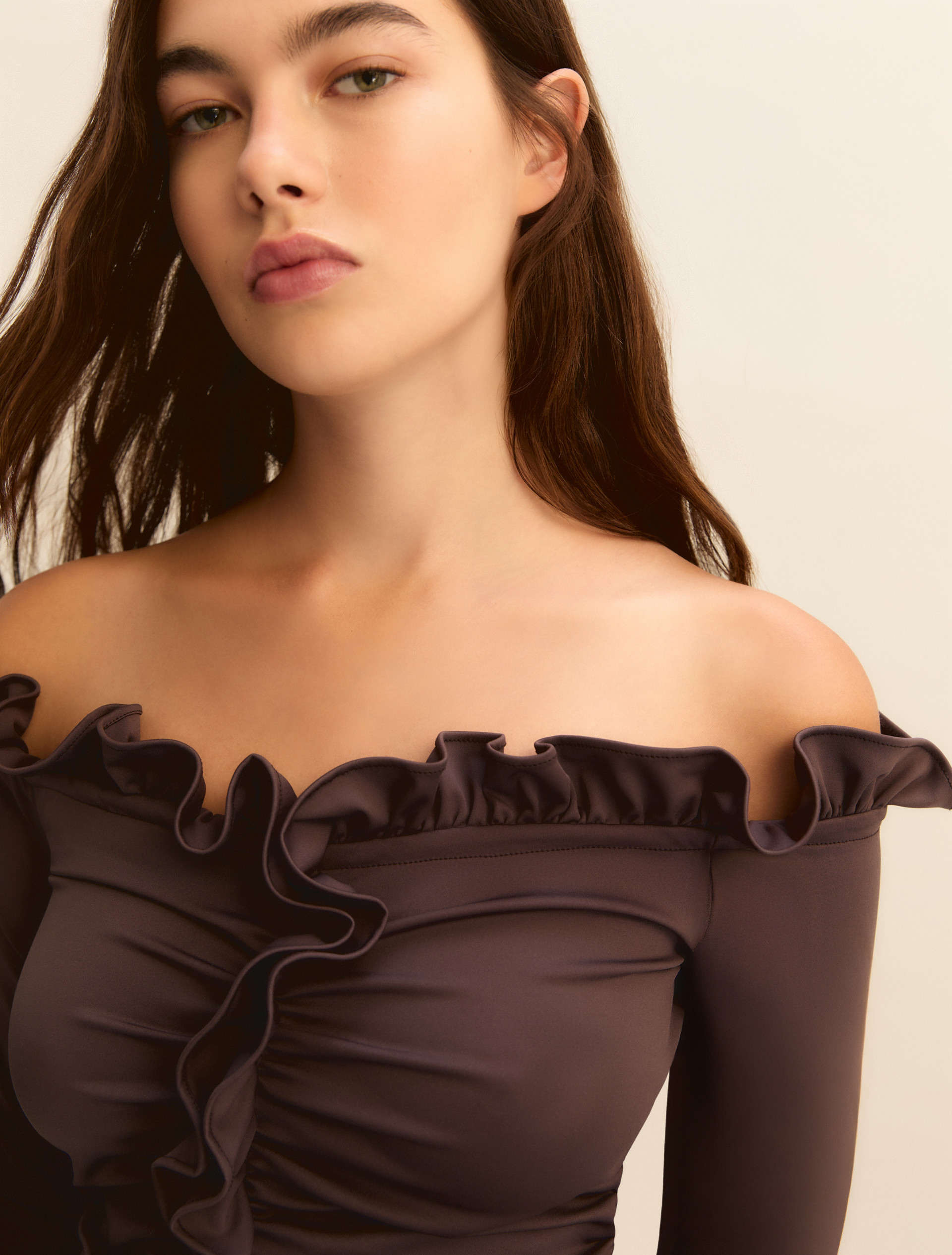 Stretch jersey off-the-shoulder bodysuit - DARK BROWN - Emme - 3