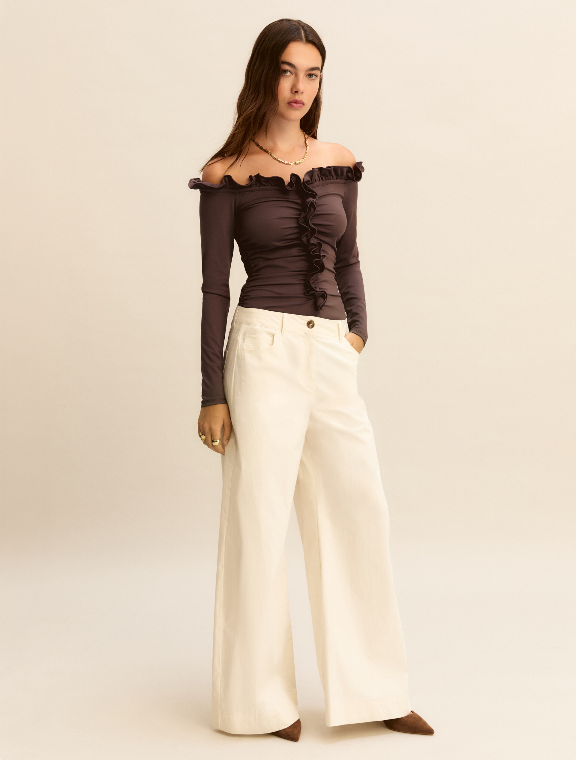 Stretch jersey off-the-shoulder bodysuit - DARK BROWN - Emme - 1