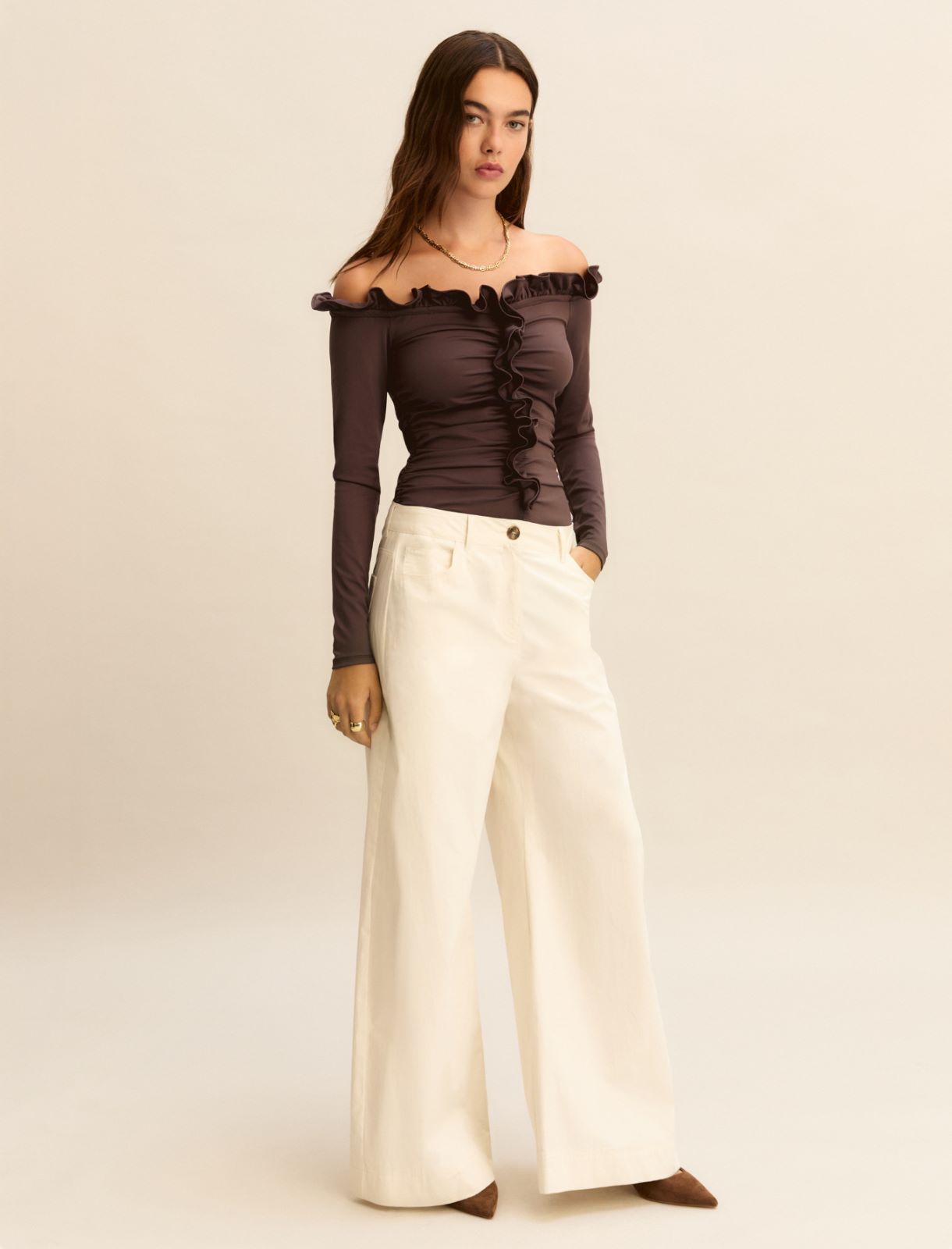 Stretch jersey off-the-shoulder bodysuit - DARK BROWN - Emme