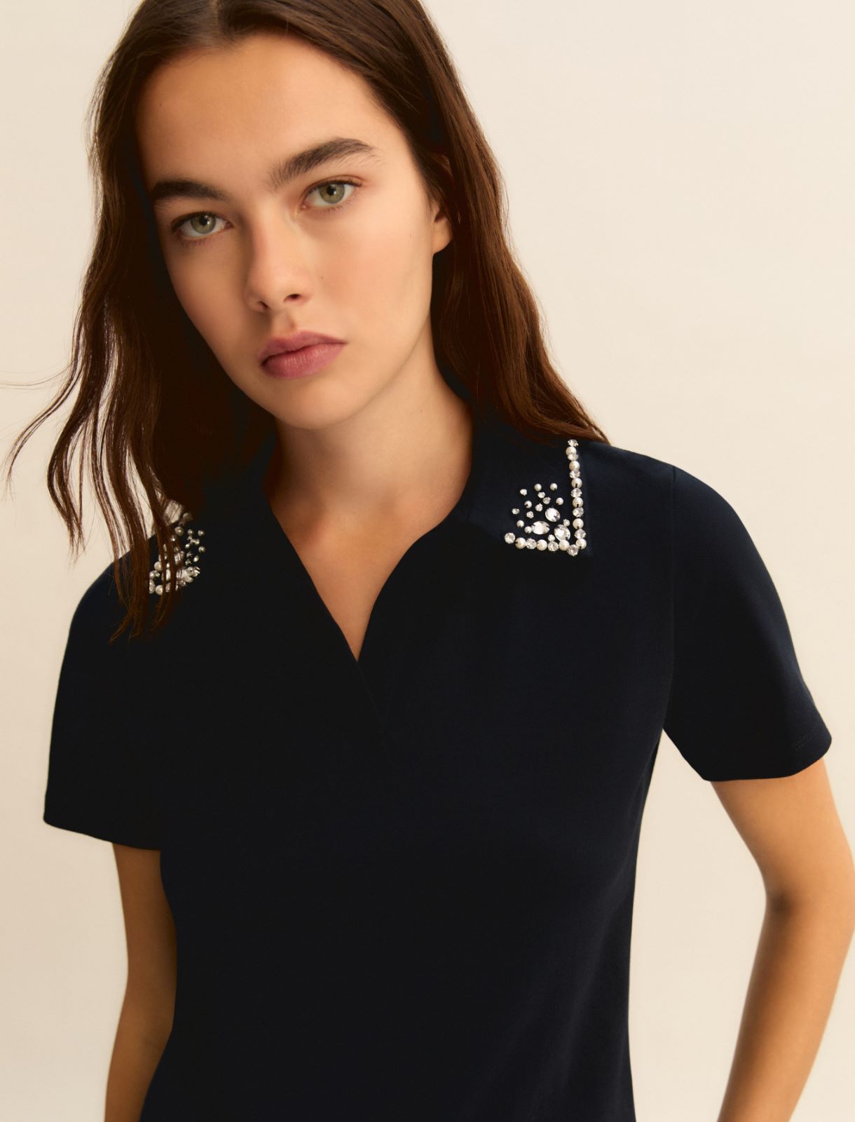Pearl and crystal-adorned polo shirt - NAVY - Emme - 6