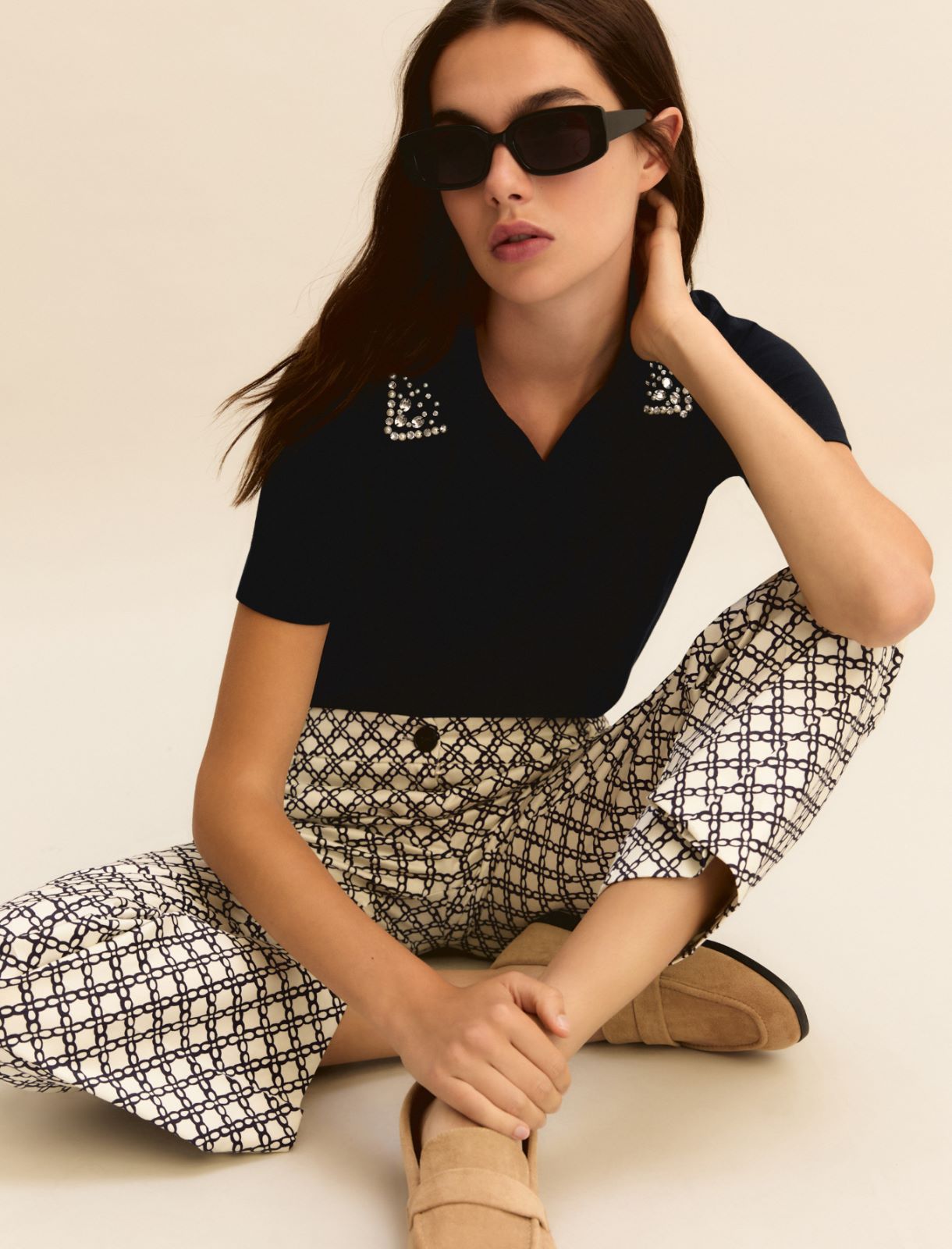 Pearl and crystal-adorned polo shirt - NAVY - Emme
