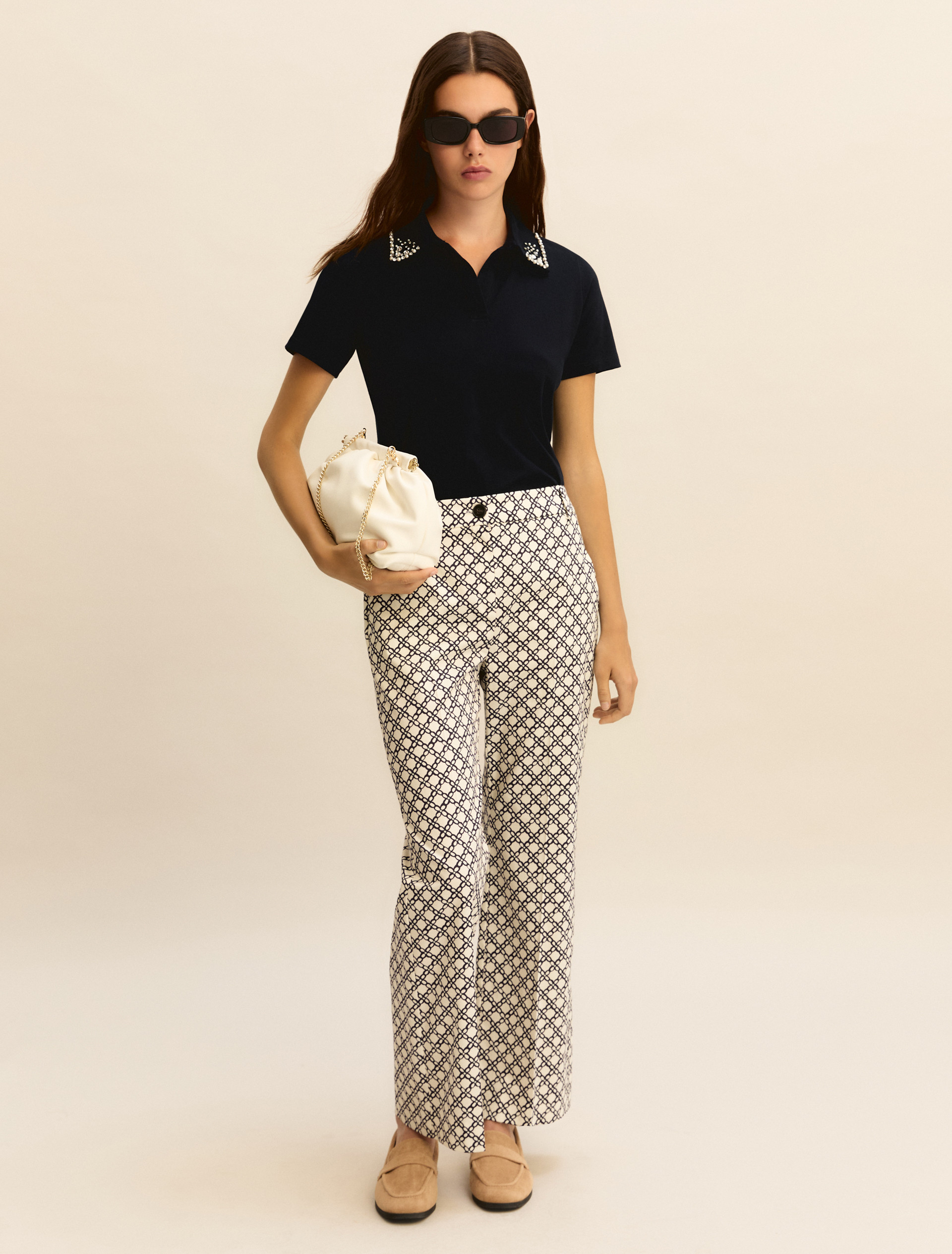 Pearl and crystal-adorned polo shirt - NAVY - Emme - 2