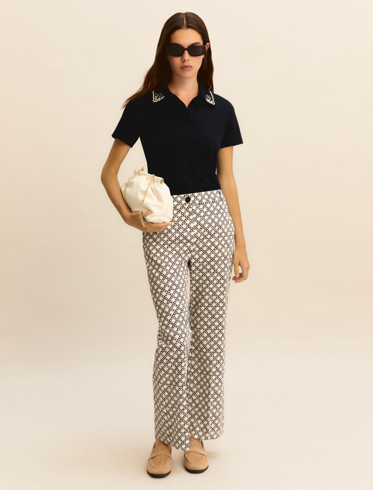 Pearl and crystal-adorned polo shirt - NAVY - Emme - 2