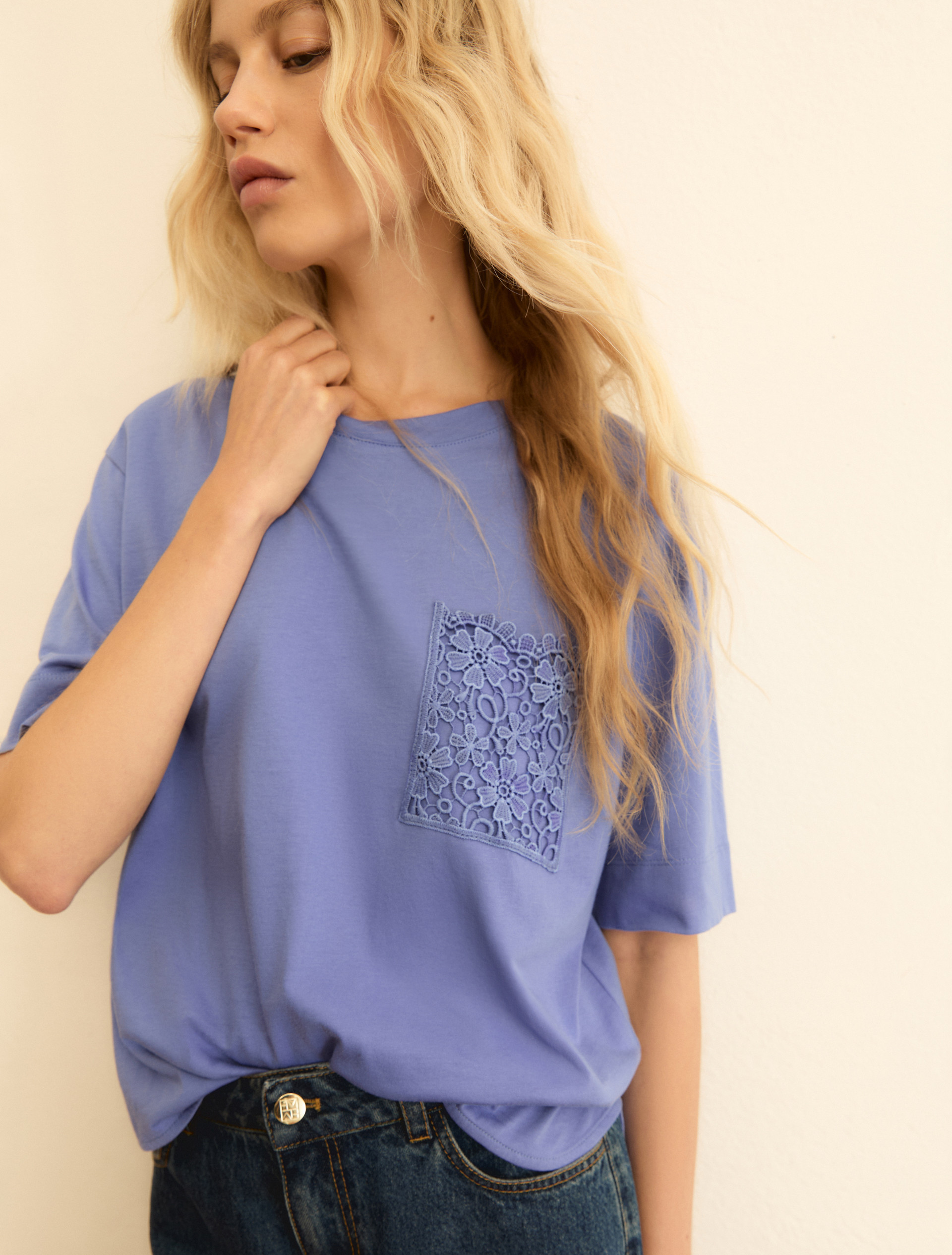 Macramé-detail jersey T-shirt - PERIWINKLE BLUE - Emme - 2