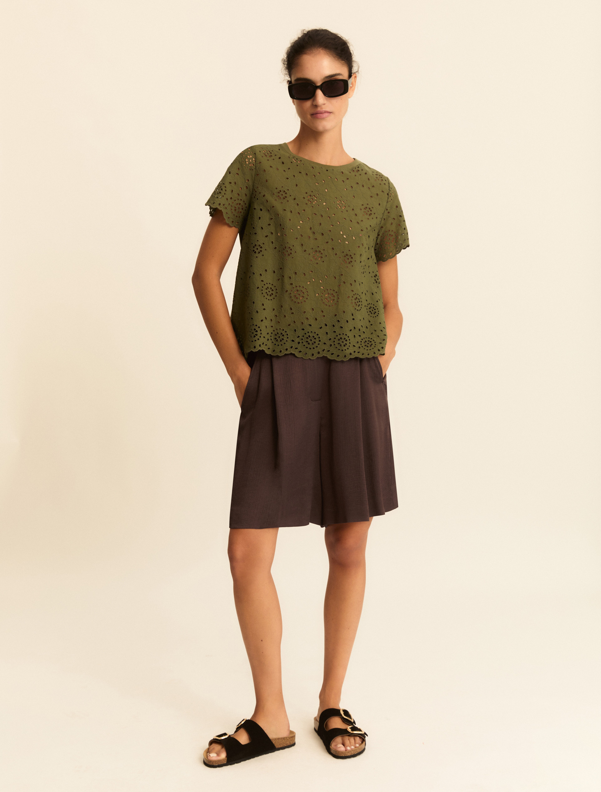 Broderie anglaise T-shirt with a jersey back - MILITARY GREEN - Emme - 2