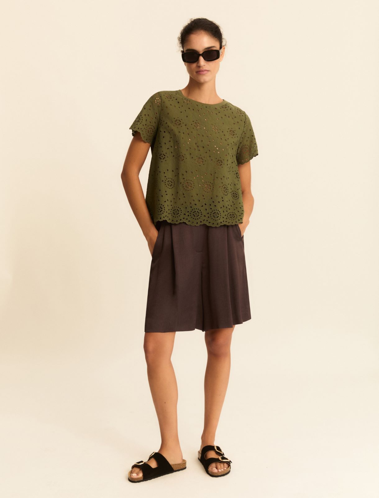 Broderie anglaise T-shirt with a jersey back - MILITARY GREEN - Emme - 2