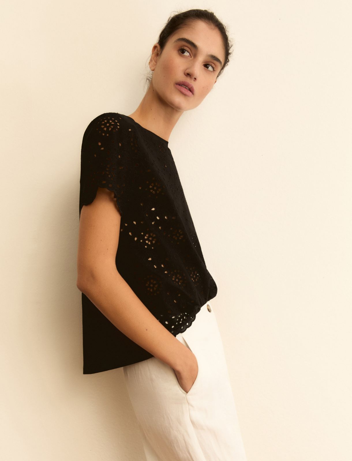 Broderie anglaise T-shirt with a jersey back - BLACK - Emme - 4