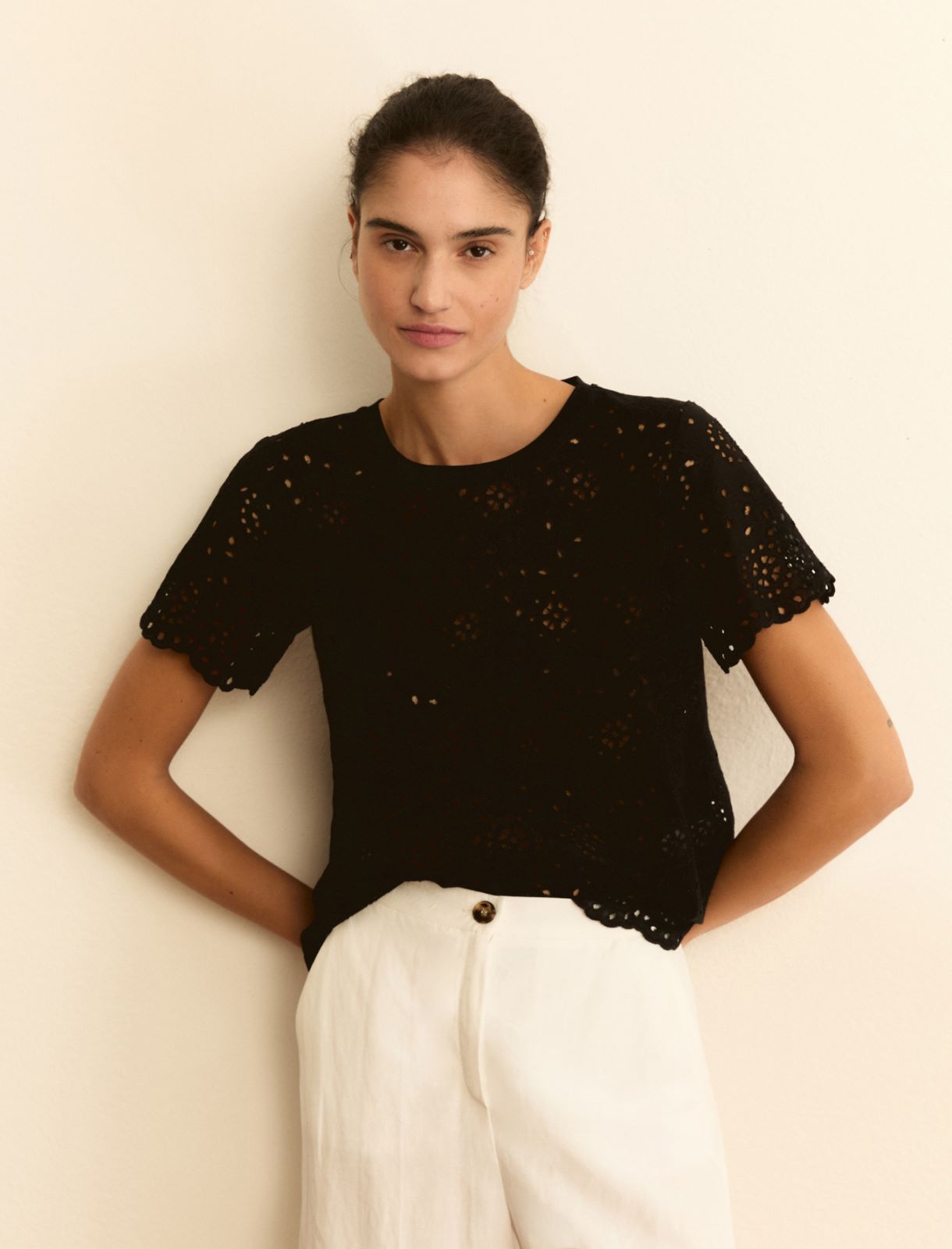 Broderie anglaise T-shirt with a jersey back - BLACK - Emme