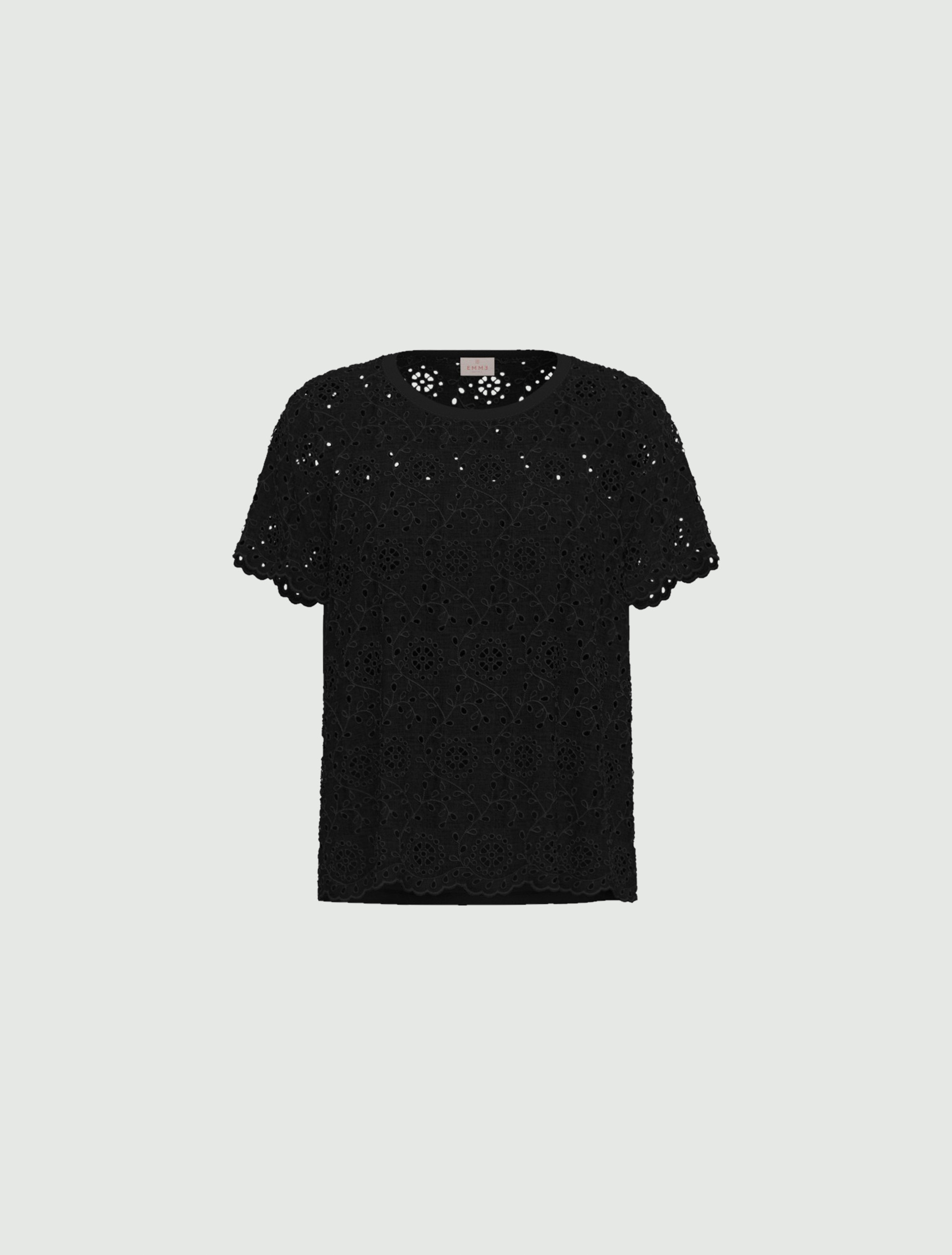 Broderie anglaise T-shirt with a jersey back - BLACK - Emme - 4
