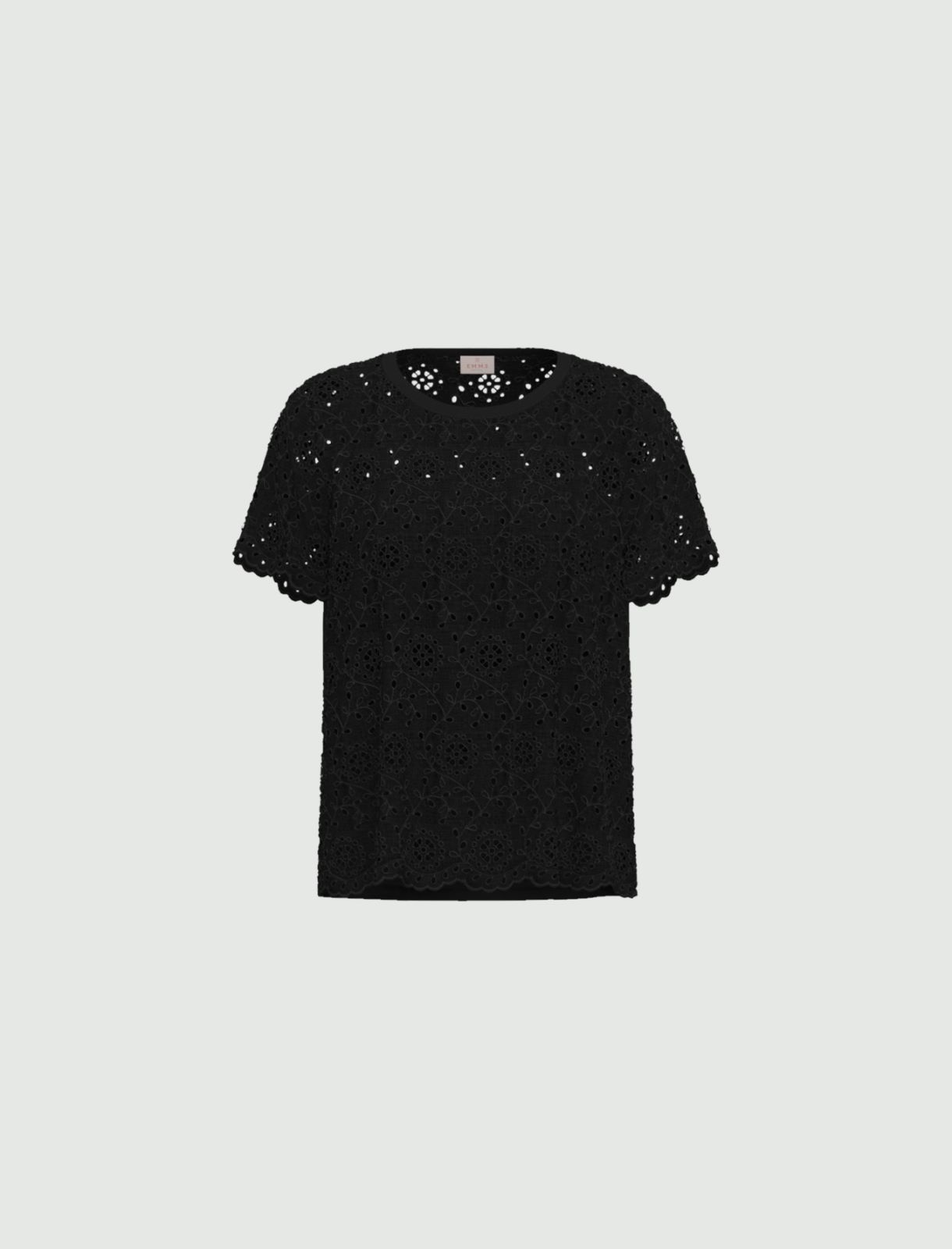 Broderie anglaise T-shirt with a jersey back - BLACK - Emme - 4