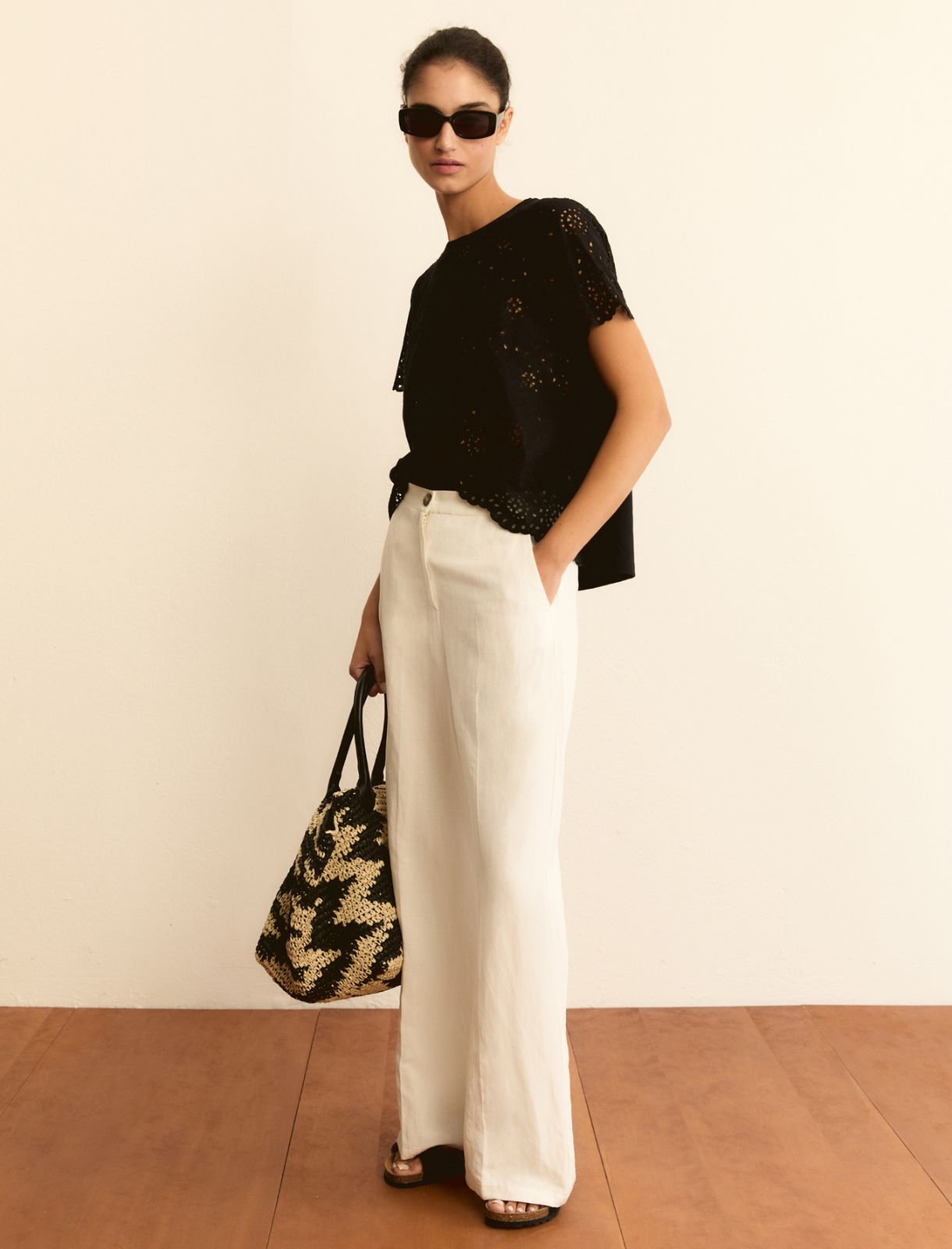 Broderie anglaise T-shirt with a jersey back - BLACK - Emme - 2