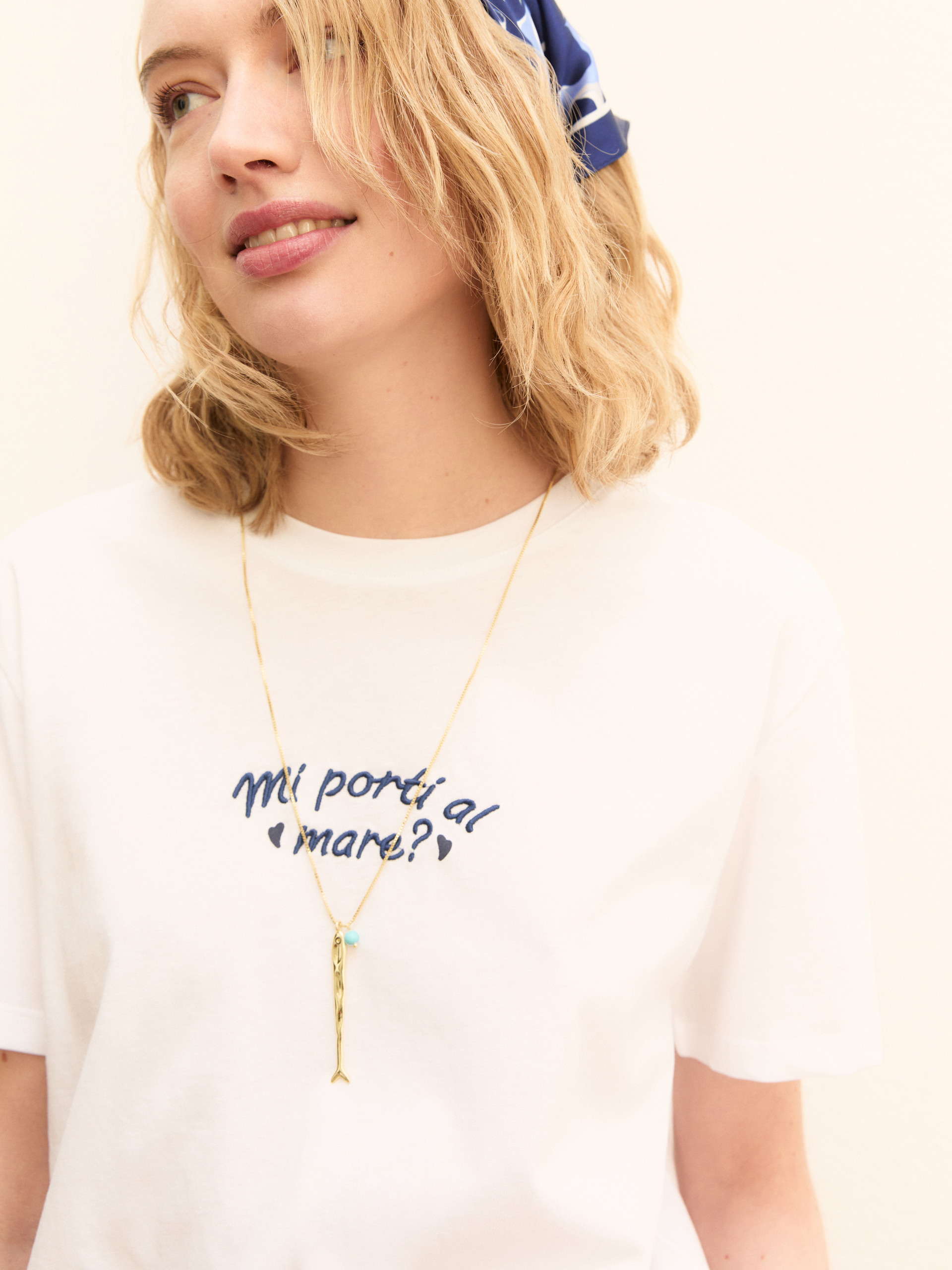 Embroidery and print-adorned boxy T-shirt - WHITE - Emme - 5