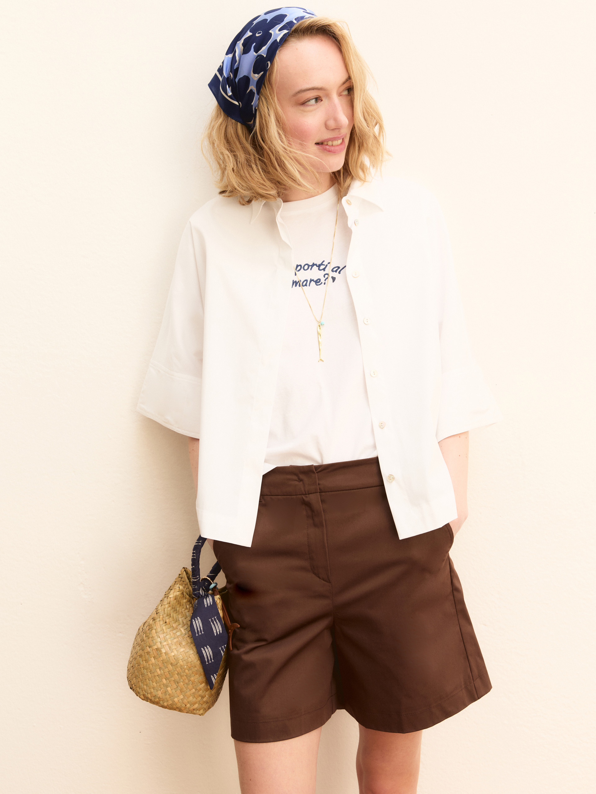 Embroidery and print-adorned boxy T-shirt - WHITE - Emme - 1