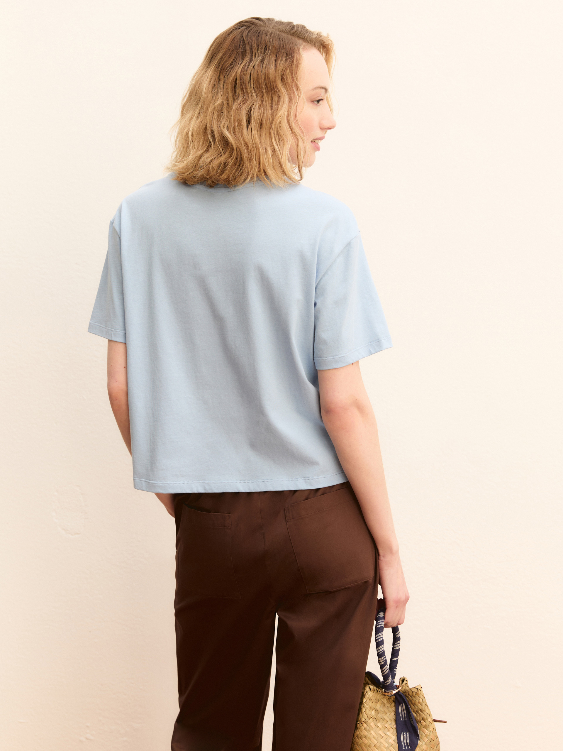 Embroidery and print-adorned boxy T-shirt - LIGHT BLUE - Emme - 3