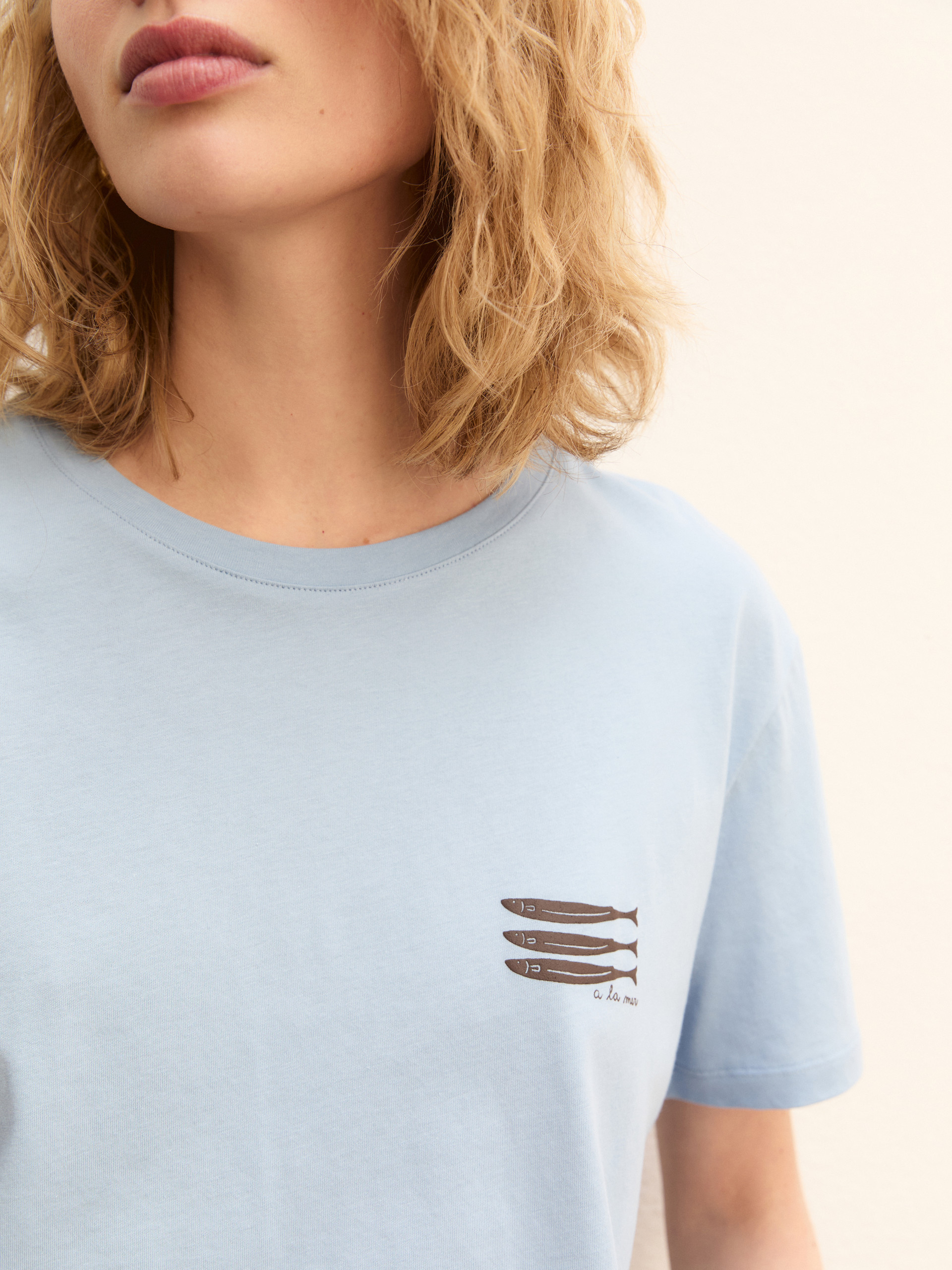 Embroidery and print-adorned boxy T-shirt - LIGHT BLUE - Emme - 5