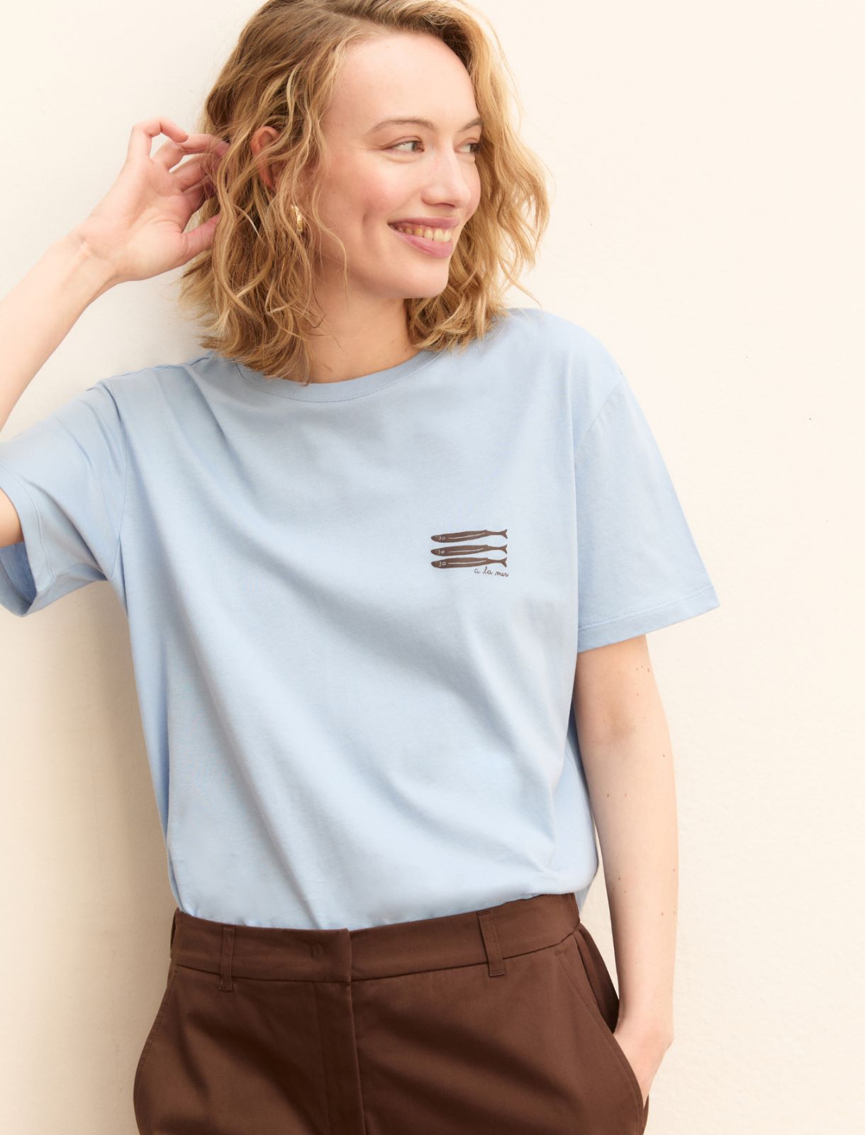 Embroidery and print-adorned boxy T-shirt - LIGHT BLUE - Emme - 6