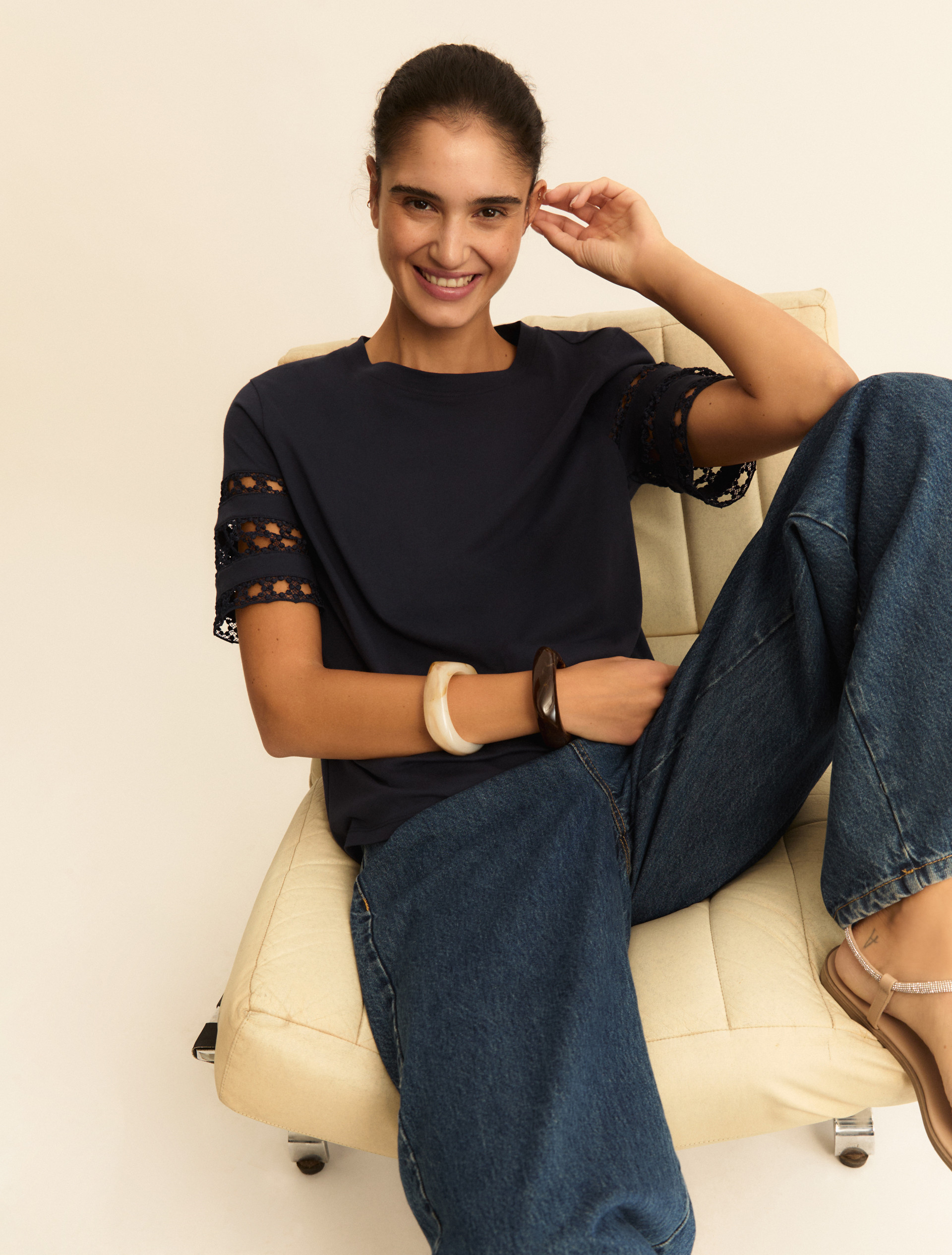 Passementerie-detail jersey T-shirt - MIDNIGHTBLUE - Emme - 1