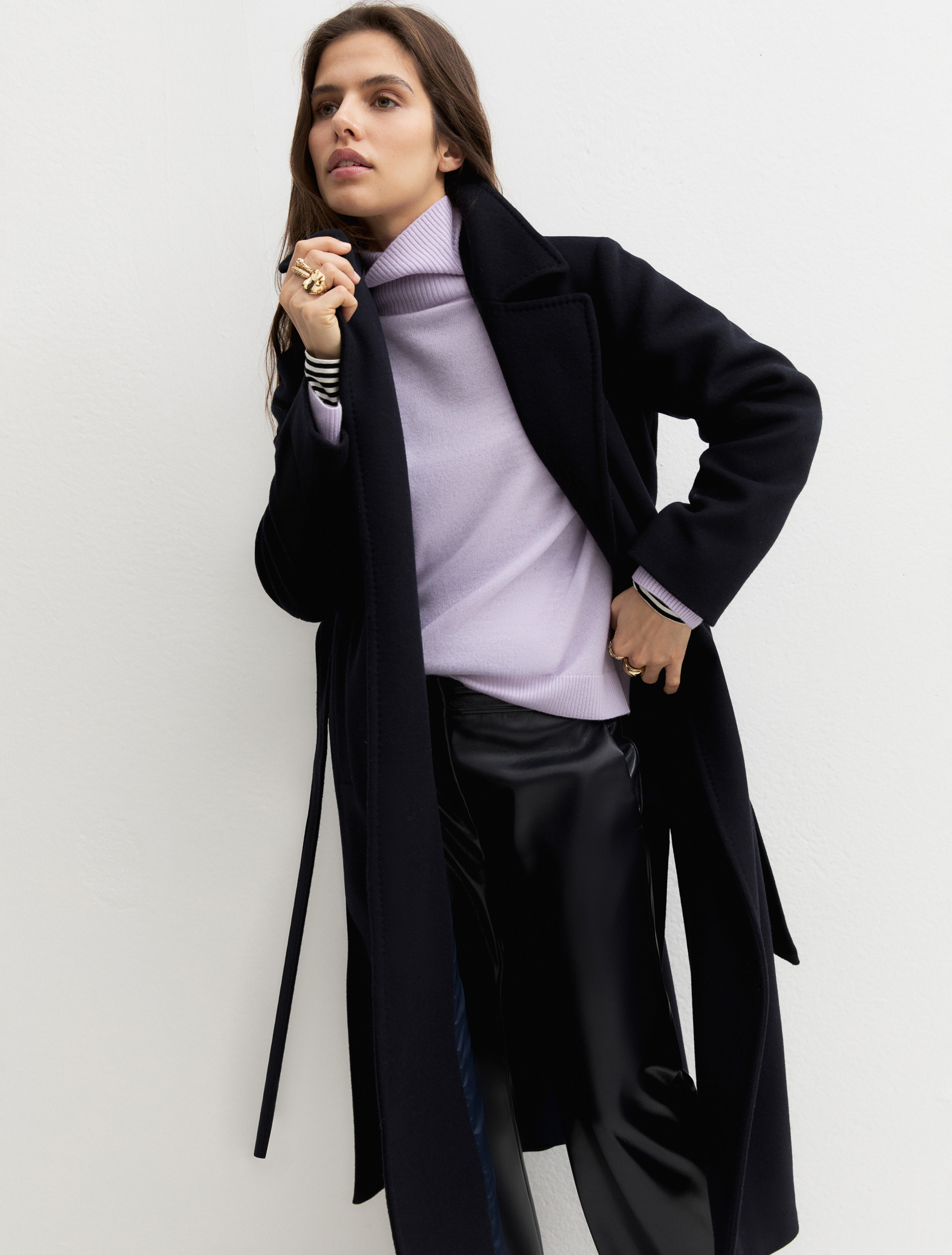 Belted double-sided fabric coat - NAVY - Emme - 4