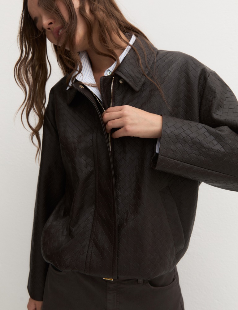 Soft woven-effect bomber jacket - DARK BROWN