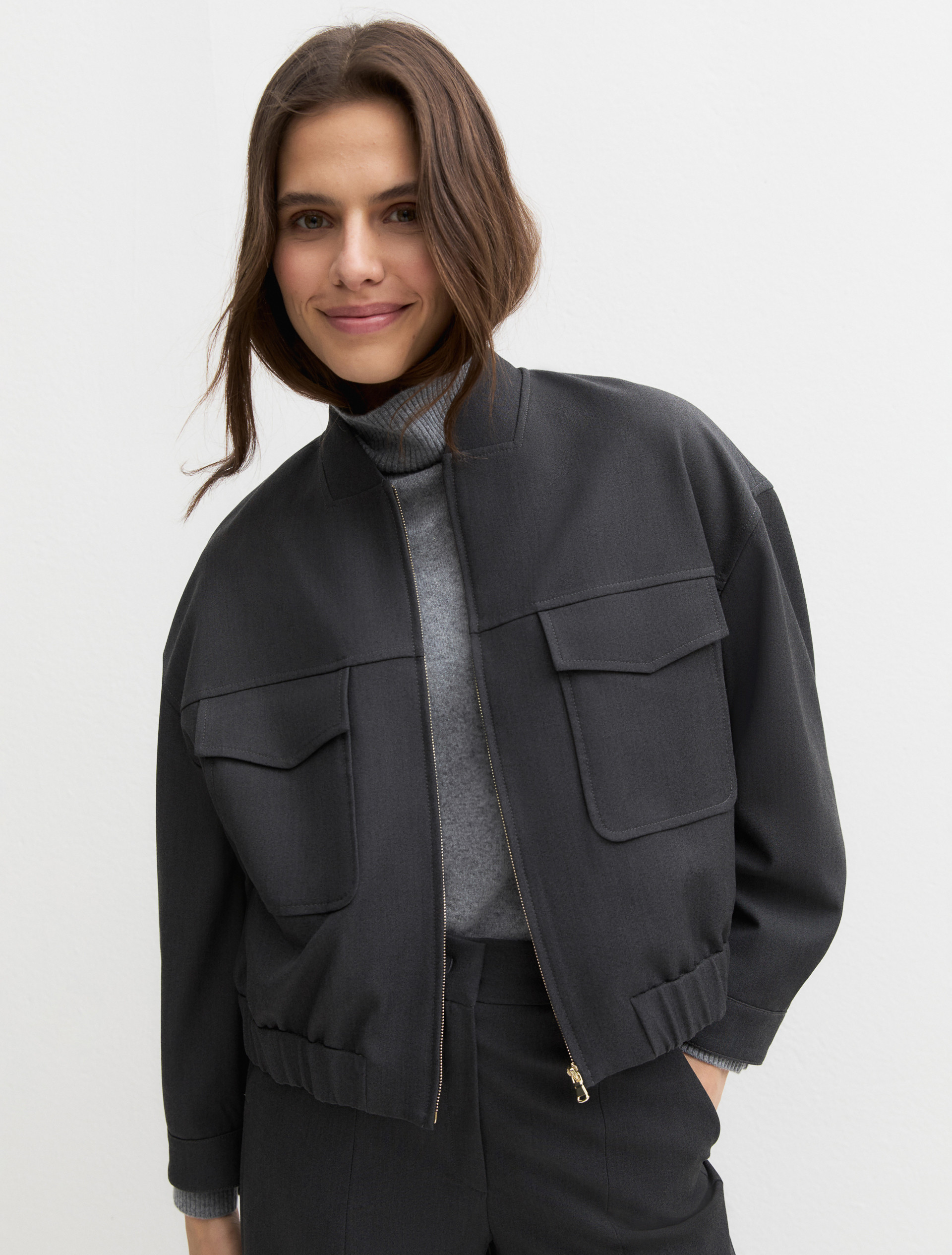 Cropped stretch gabardine jacket - DARK GREY - Emme - 3