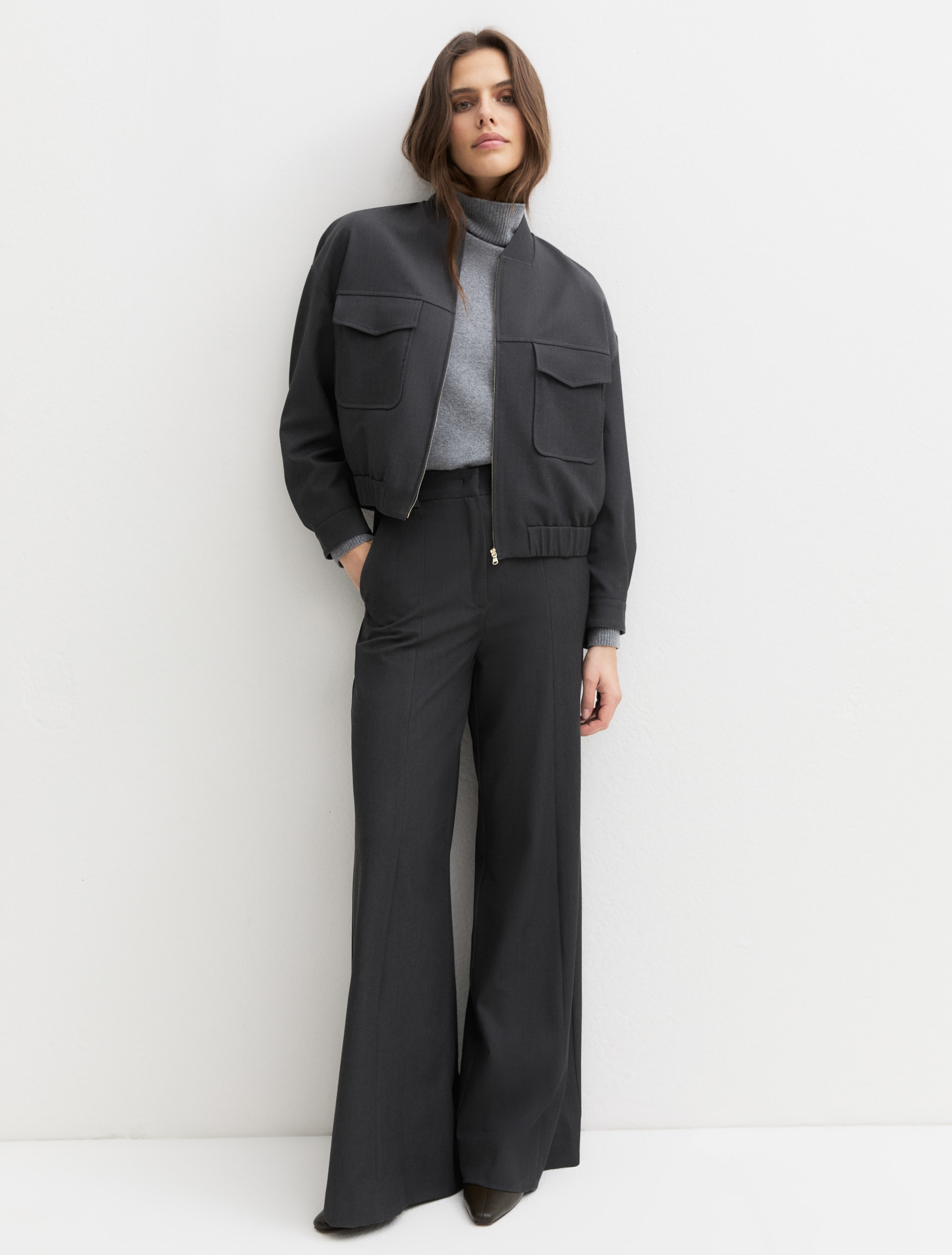 Cropped stretch gabardine jacket - DARK GREY - Emme - 1