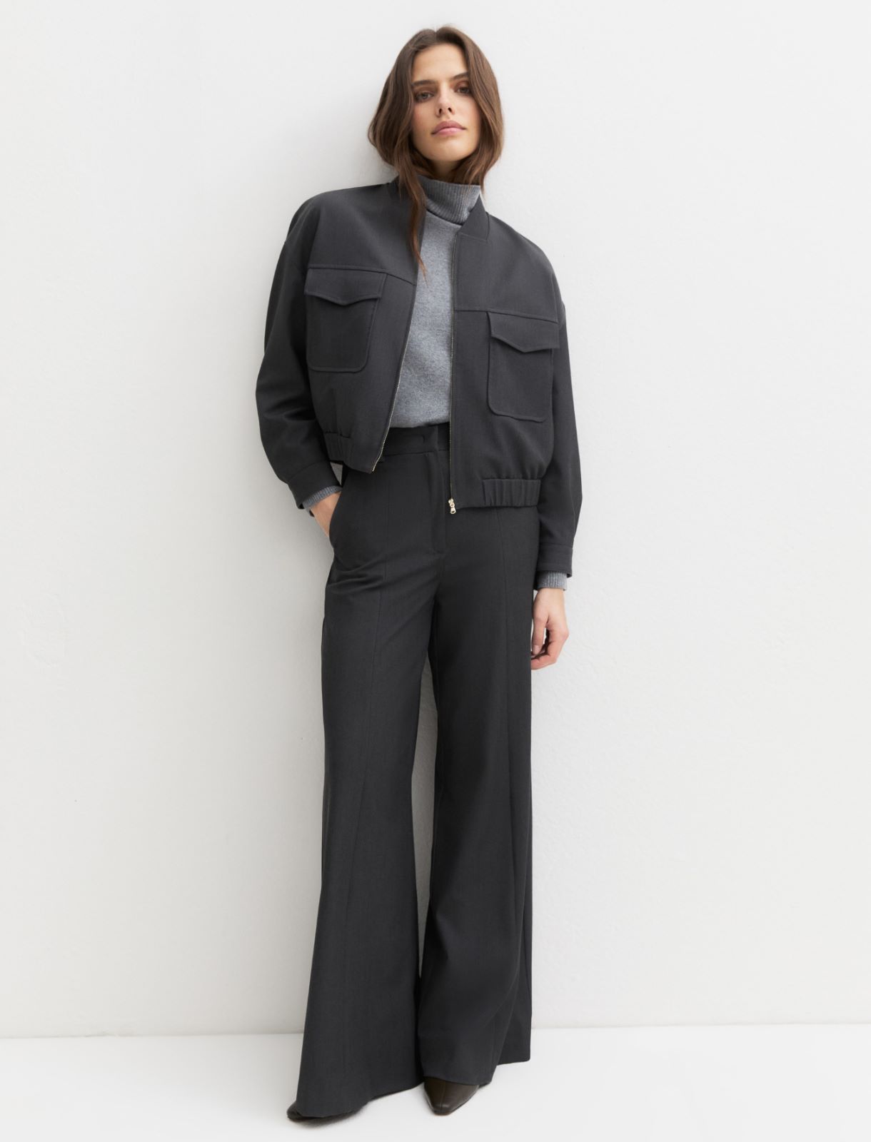 Cropped stretch gabardine jacket - DARK GREY - Emme