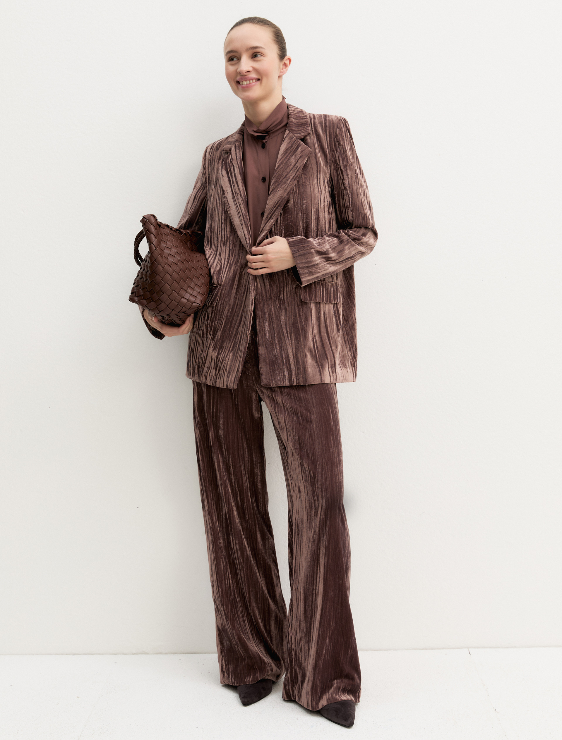 Single-breasted stretch velvet blazer - BROWN - Emme - 2