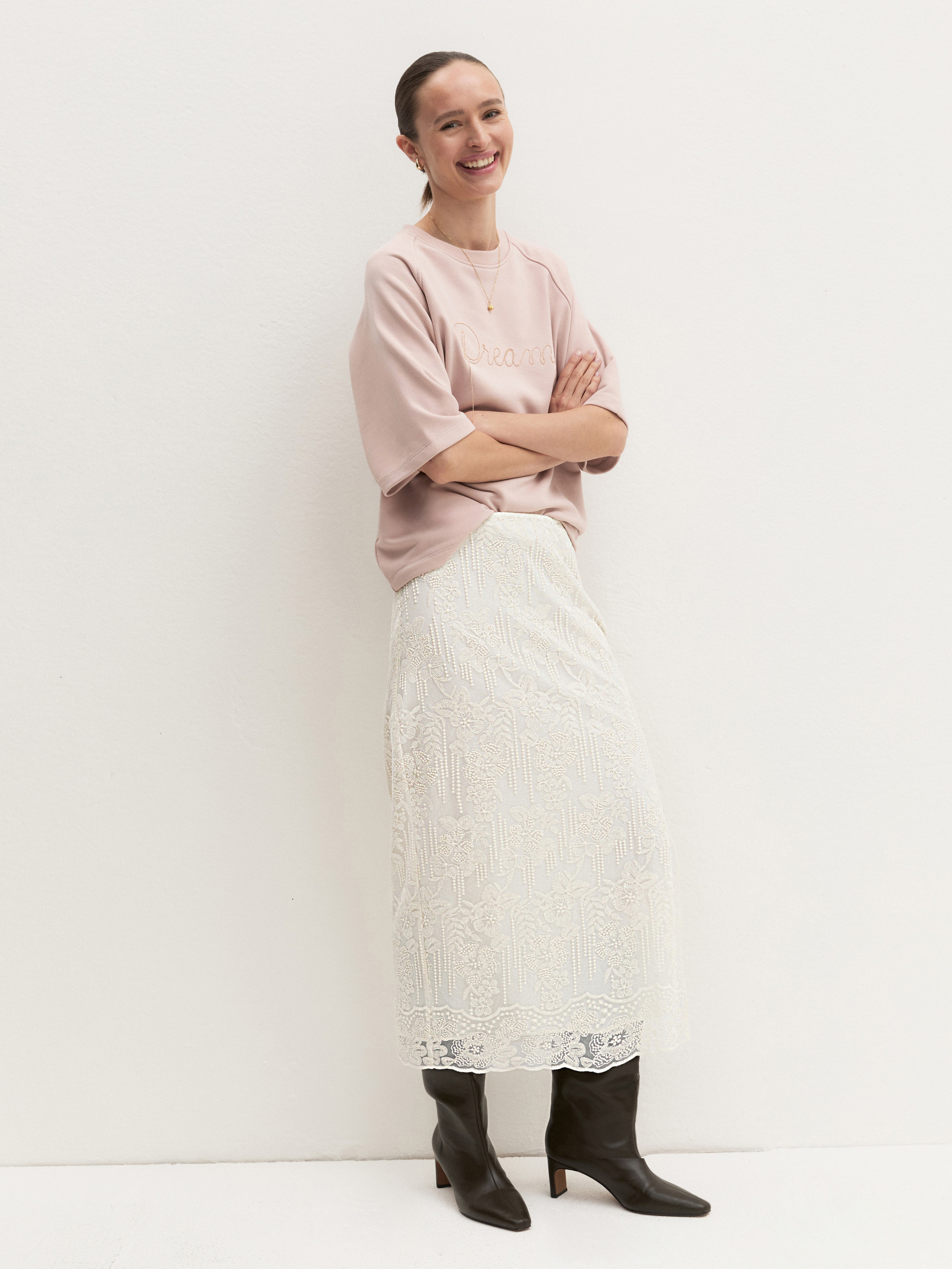 Embroidered tulle pencil skirt - WOOL WHITE - Emme - 4